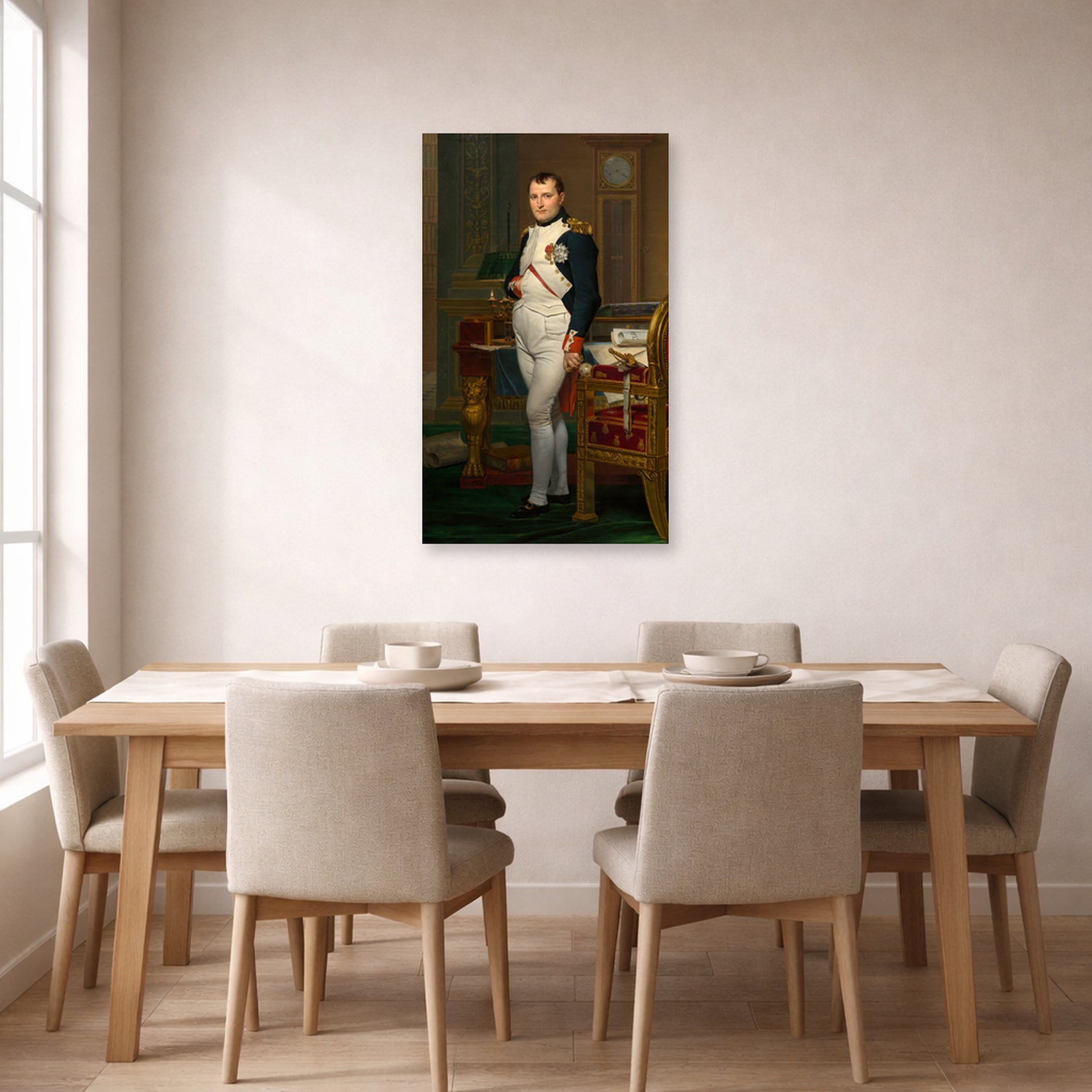 Unframed poster print of Jacques-Louis David's 'The Emperor Napoleon in His Study at the Tuileries' displayed on a wall in a dining room