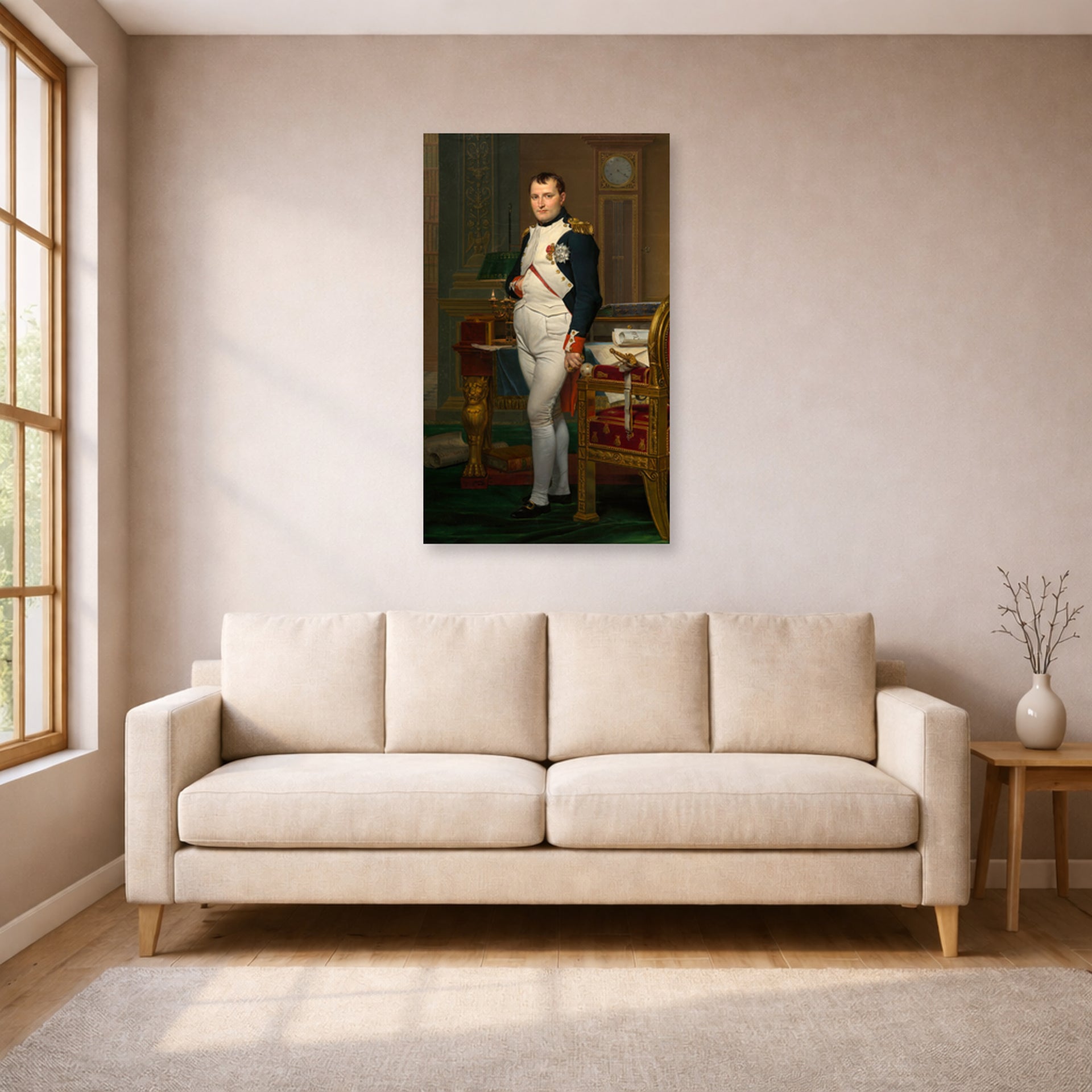 Unframed poster print of Jacques-Louis David's 'The Emperor Napoleon in His Study at the Tuileries' displayed on a wall in a living room
