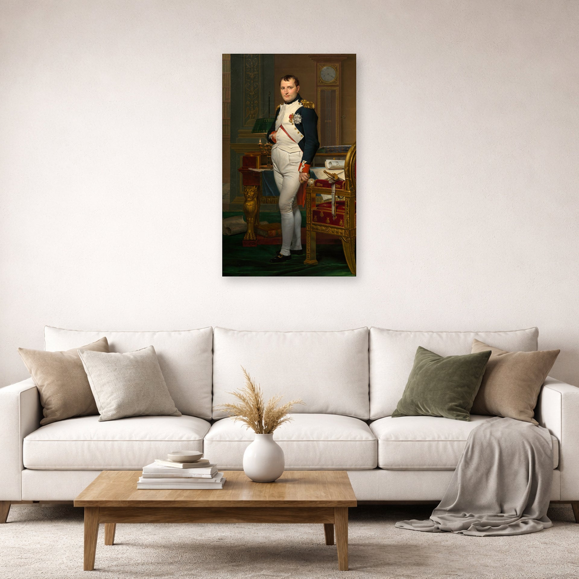 Unframed poster print of Jacques-Louis David's 'The Emperor Napoleon in His Study at the Tuileries' displayed on a wall in a living room
