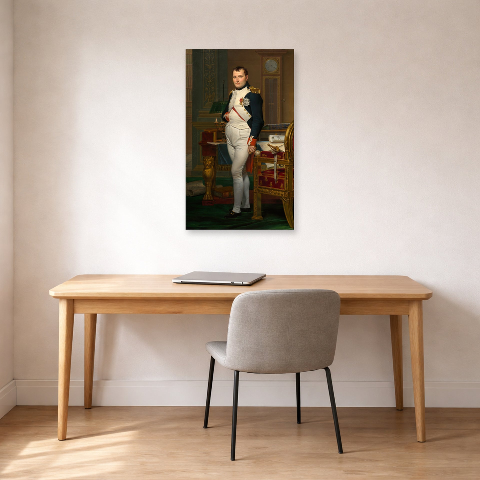 Unframed poster print of Jacques-Louis David's 'The Emperor Napoleon in His Study at the Tuileries' displayed on a wall in an office