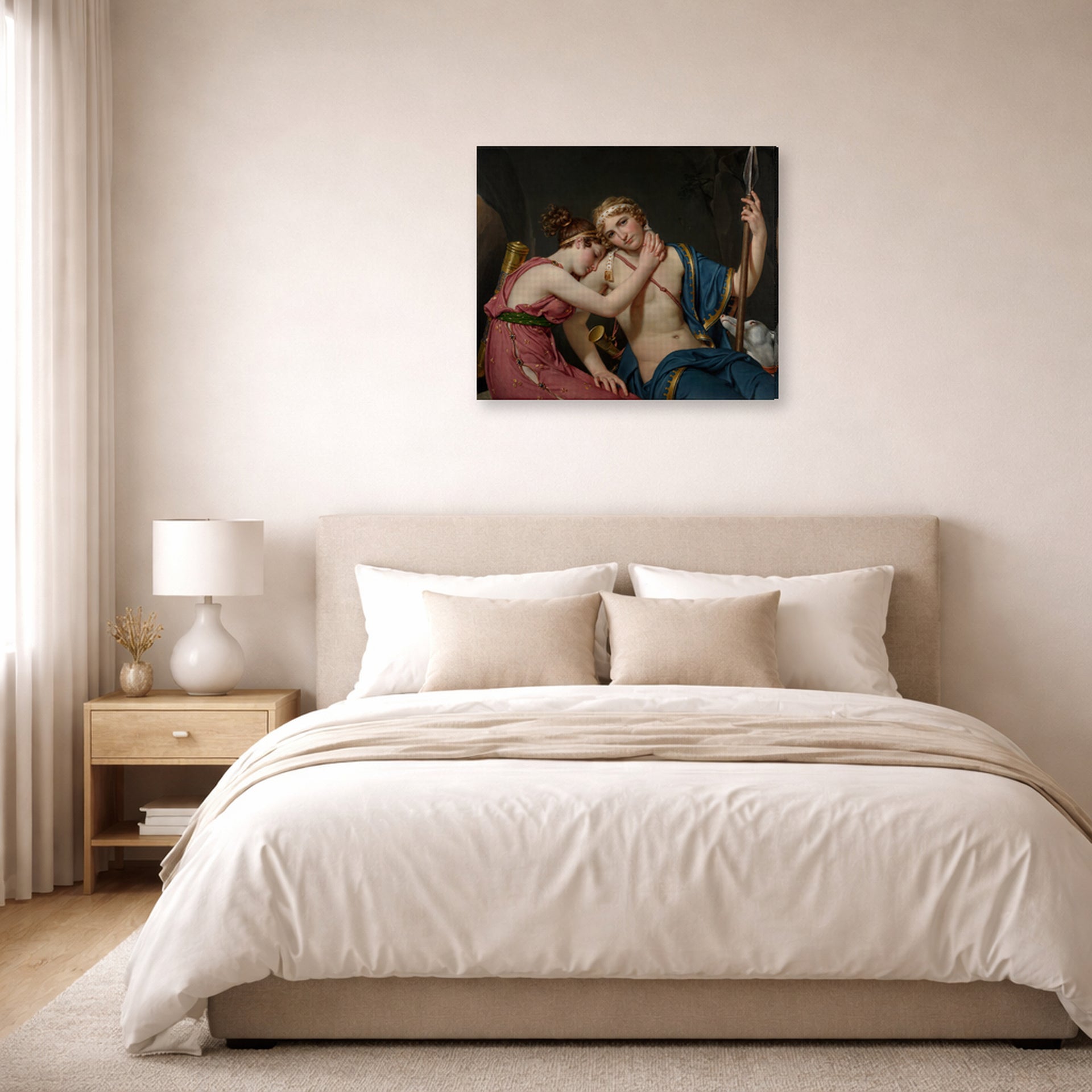 Gallery-wrapped canvas print of Jacques-Louis David's 'The Farewell of Telemachus and Eucharis' displayed on a wall in a bedroom