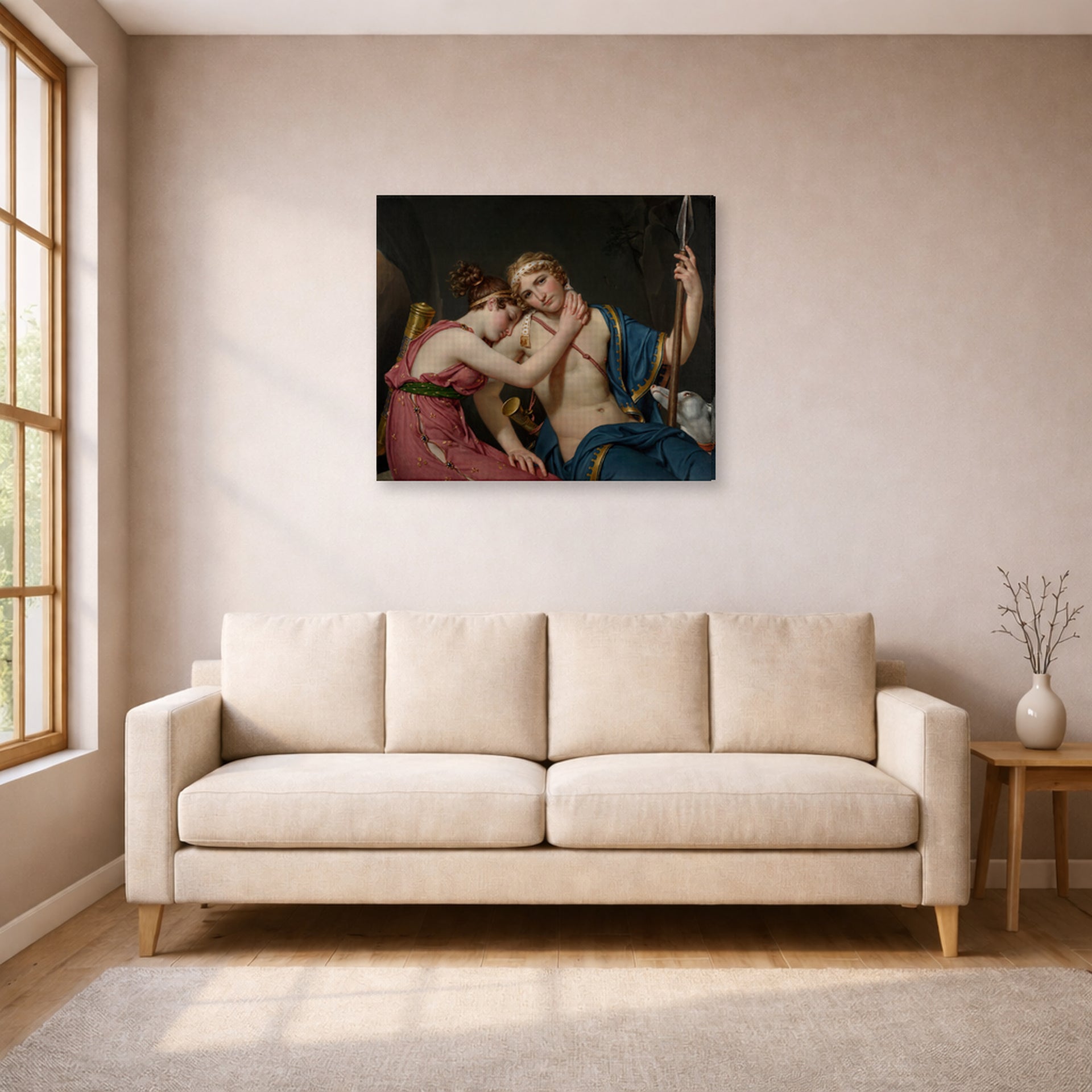 Gallery-wrapped canvas print of Jacques-Louis David's 'The Farewell of Telemachus and Eucharis' displayed on a wall in a living room