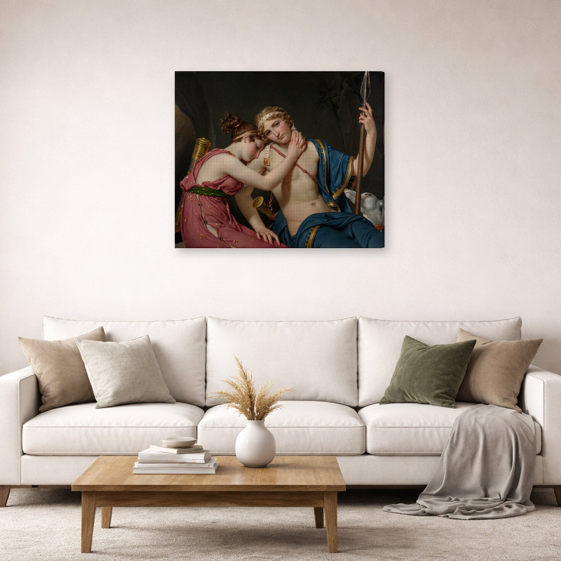 Gallery-wrapped canvas print of Jacques-Louis David's 'The Farewell of Telemachus and Eucharis' displayed on a wall in a living room