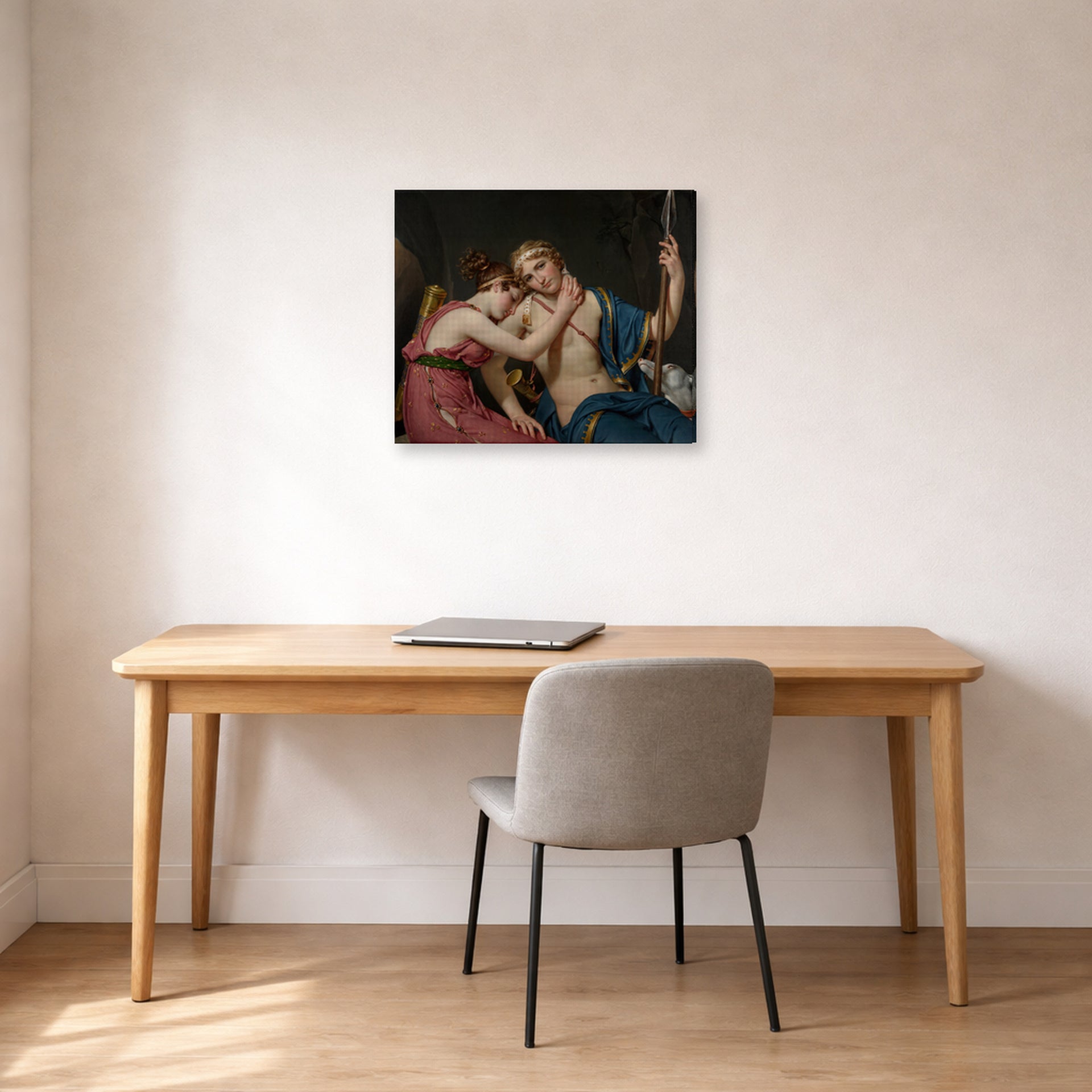 Gallery-wrapped canvas print of Jacques-Louis David's 'The Farewell of Telemachus and Eucharis' displayed on a wall in an office