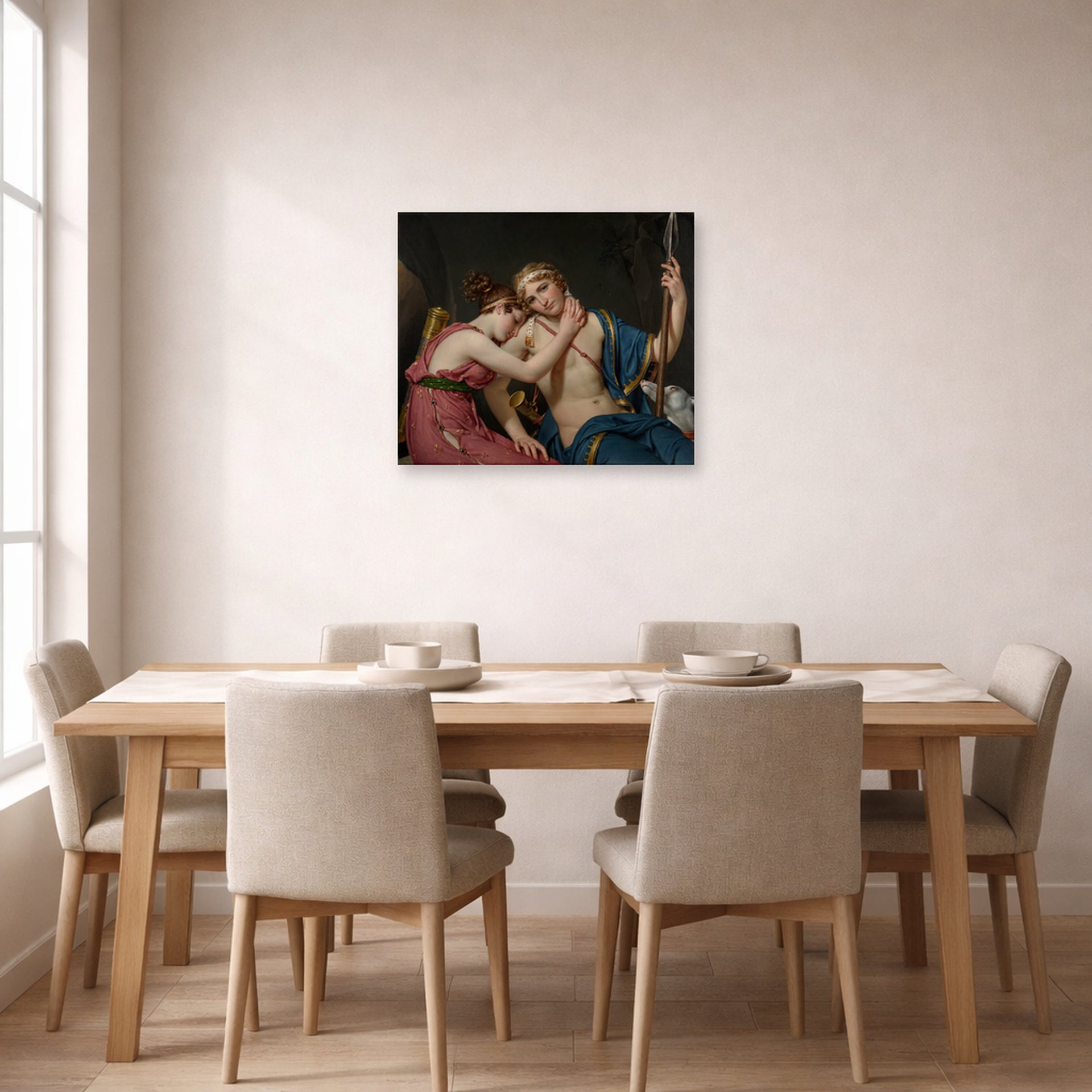 Unframed poster print of Jacques-Louis David's 'The Farewell of Telemachus and Eucharis' displayed on a wall in a dining room