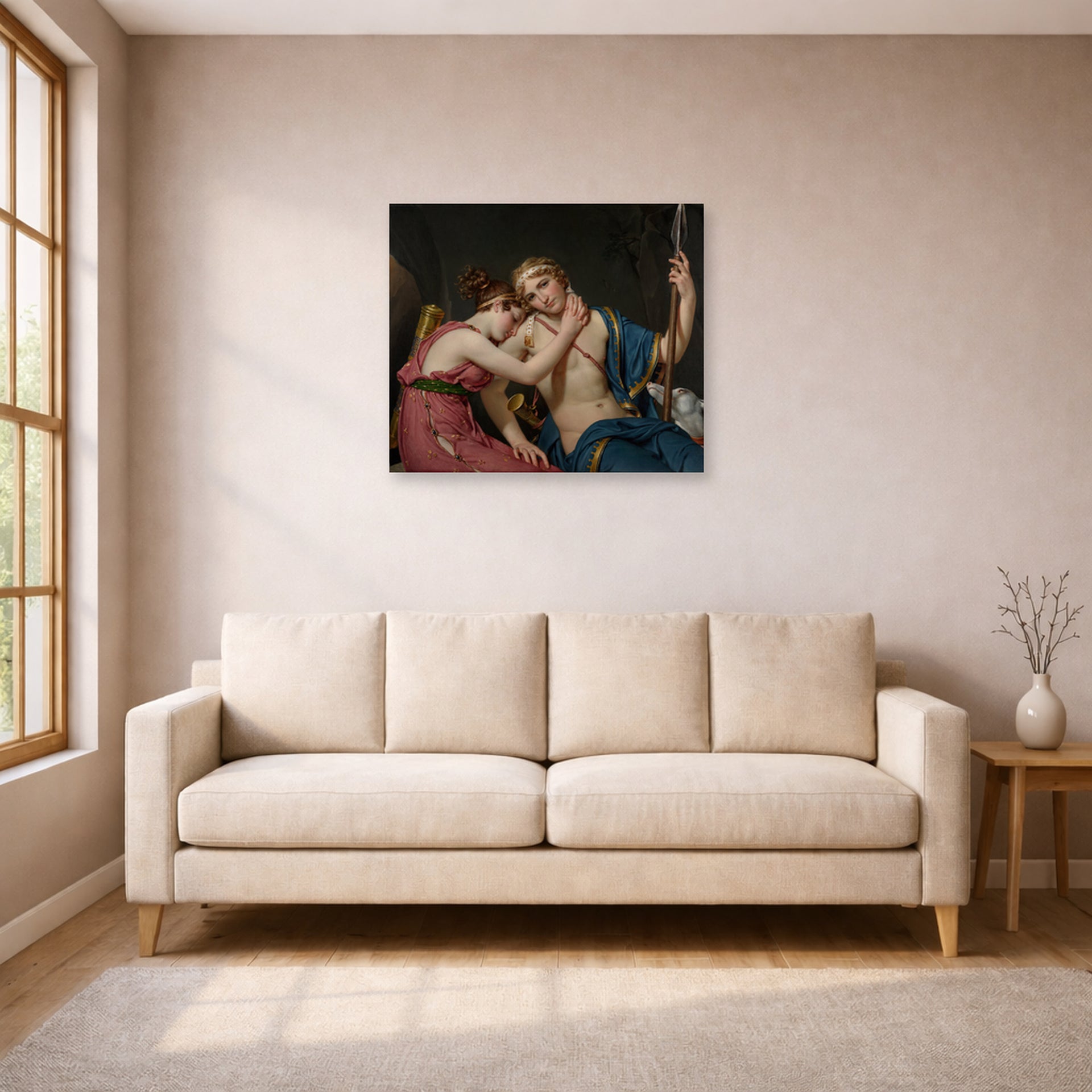 Unframed poster print of Jacques-Louis David's 'The Farewell of Telemachus and Eucharis' displayed on a wall in a living room