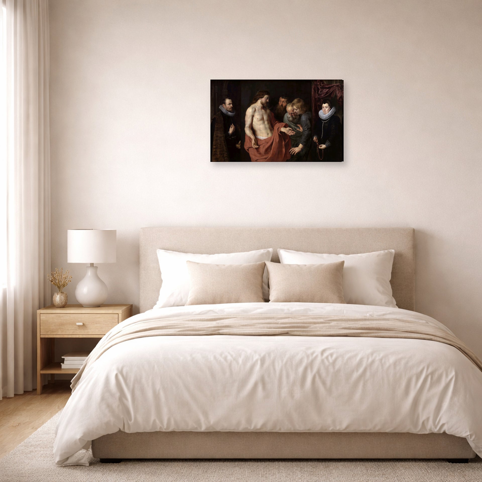 Gallery-wrapped canvas print of Jacques-Louis David's 'The Incredulity of Saint Thomas' displayed on a wall in a bedroom