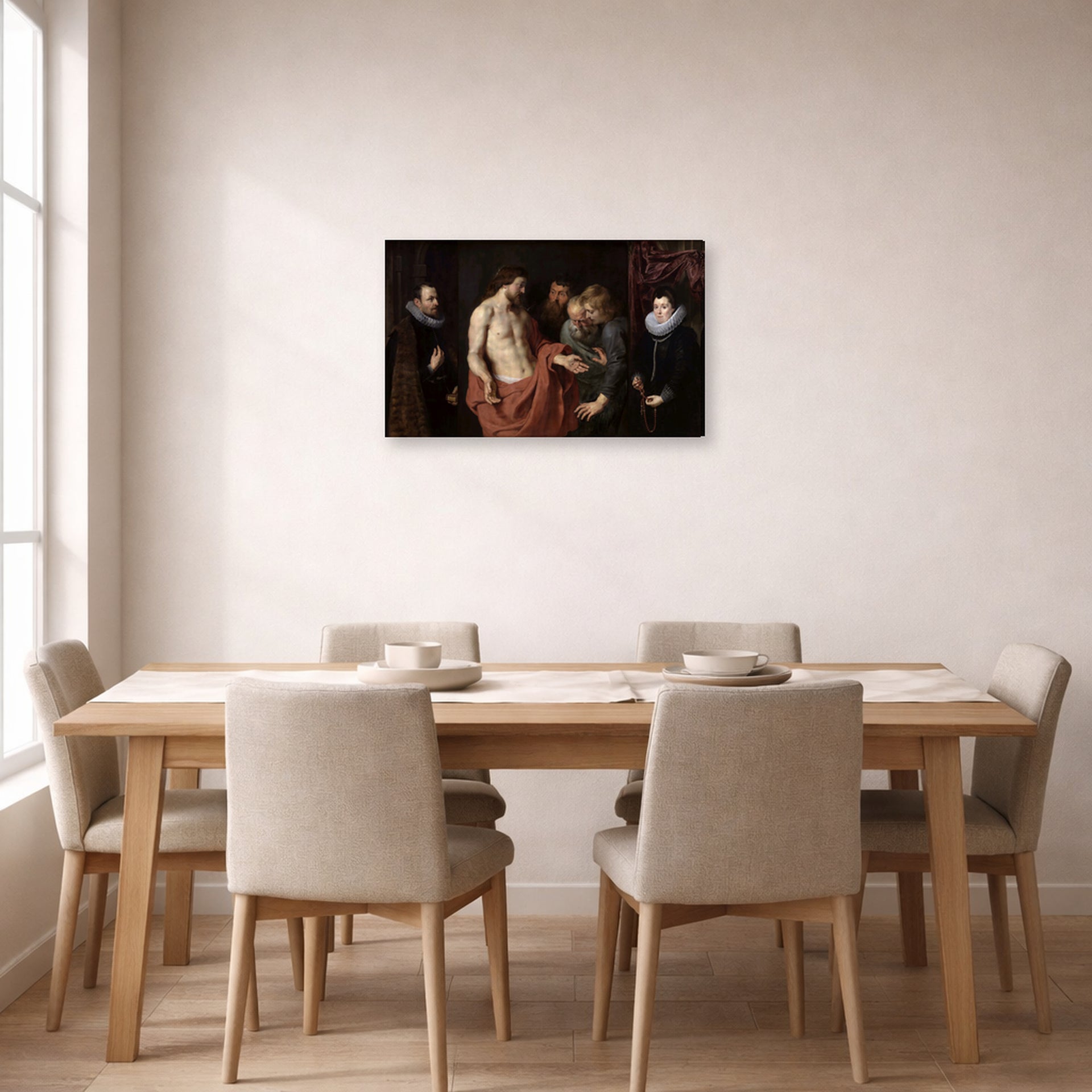 Gallery-wrapped canvas print of Jacques-Louis David's 'The Incredulity of Saint Thomas' displayed on a wall in a dining room