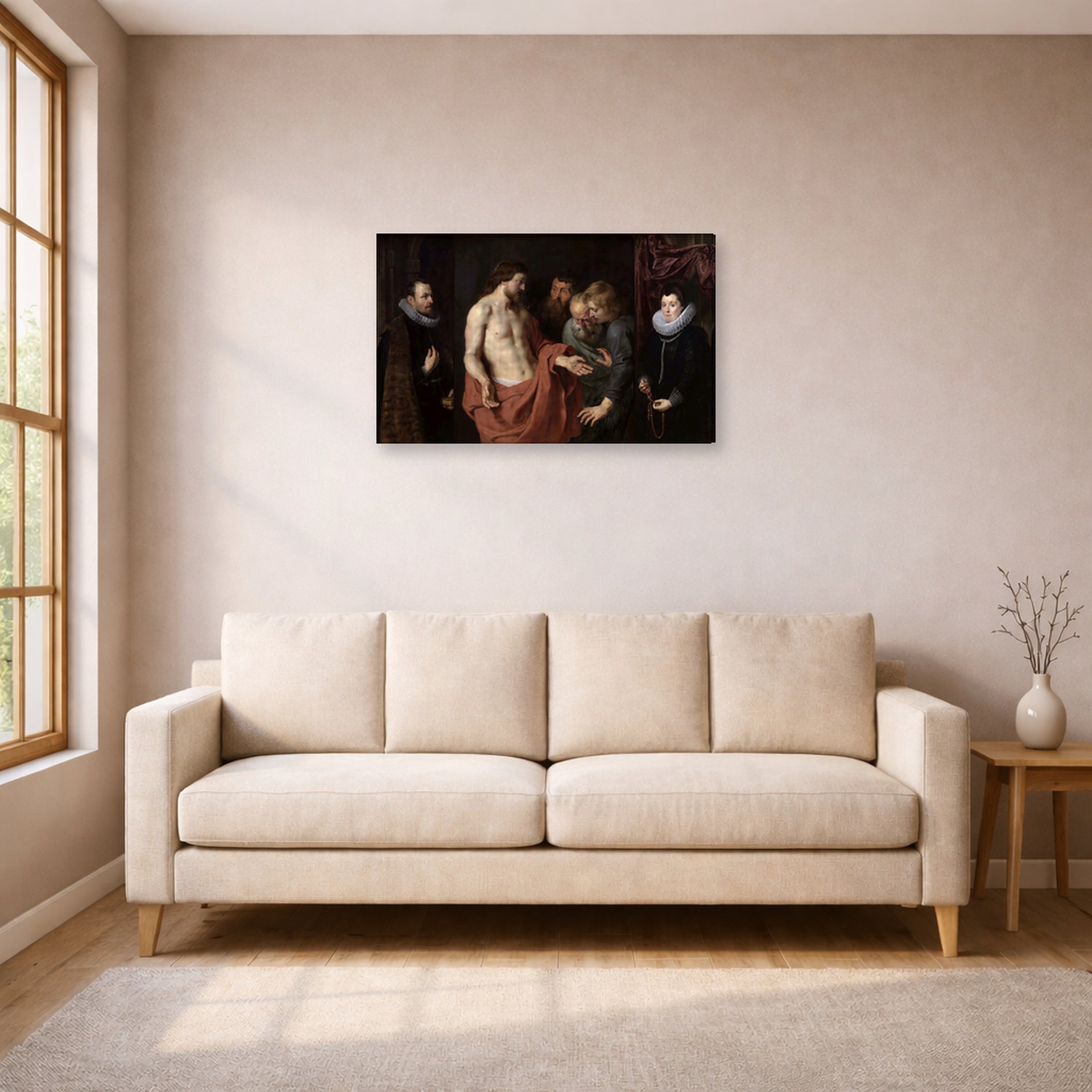 Gallery-wrapped canvas print of Jacques-Louis David's 'The Incredulity of Saint Thomas' displayed on a wall in a living room
