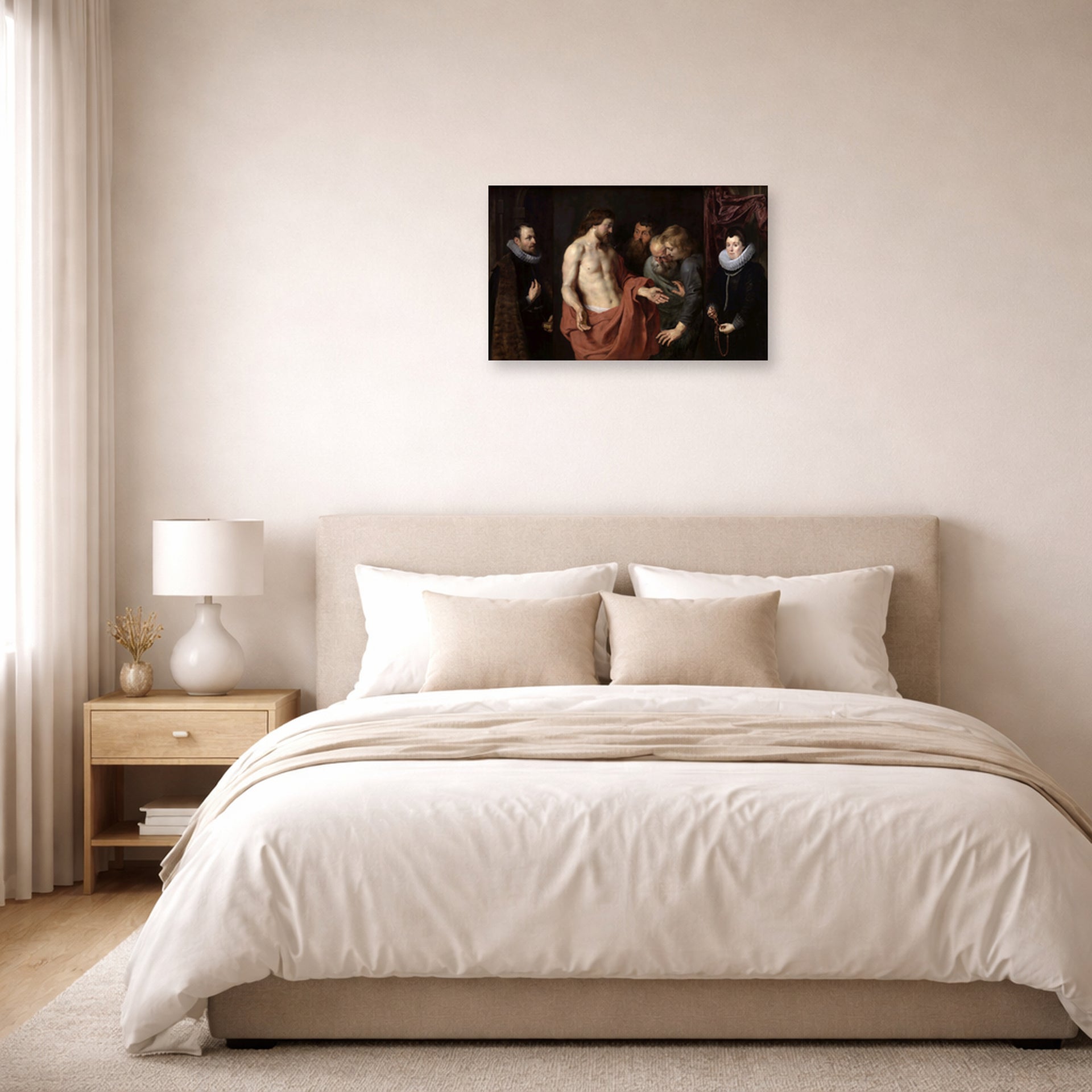 Unframed poster print of Jacques-Louis David's 'The Incredulity of Saint Thomas' displayed on a wall in a bedroom