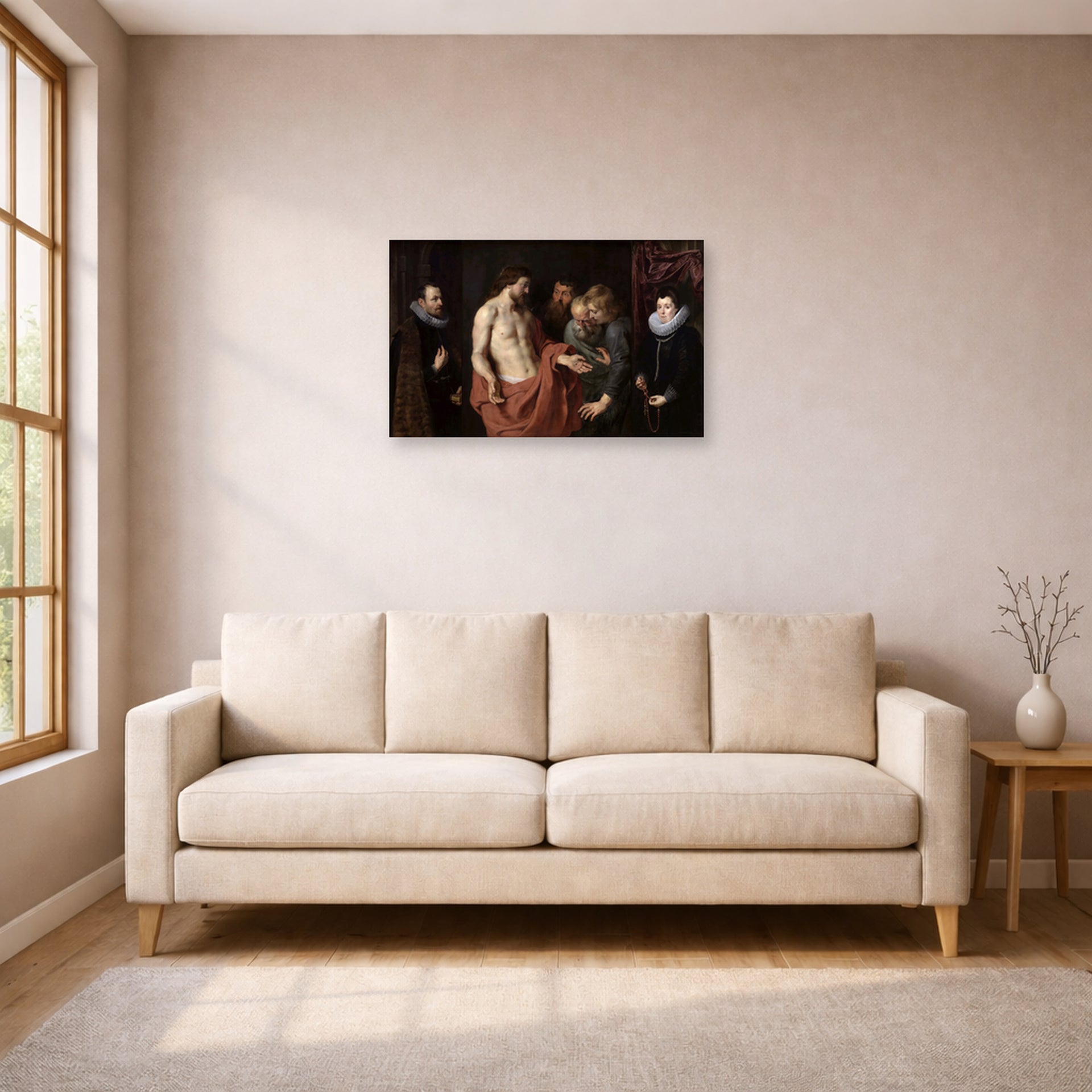 Unframed poster print of Jacques-Louis David's 'The Incredulity of Saint Thomas' displayed on a wall in a living room