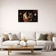 Unframed poster print of Jacques-Louis David's 'The Incredulity of Saint Thomas' displayed on a wall in a living room