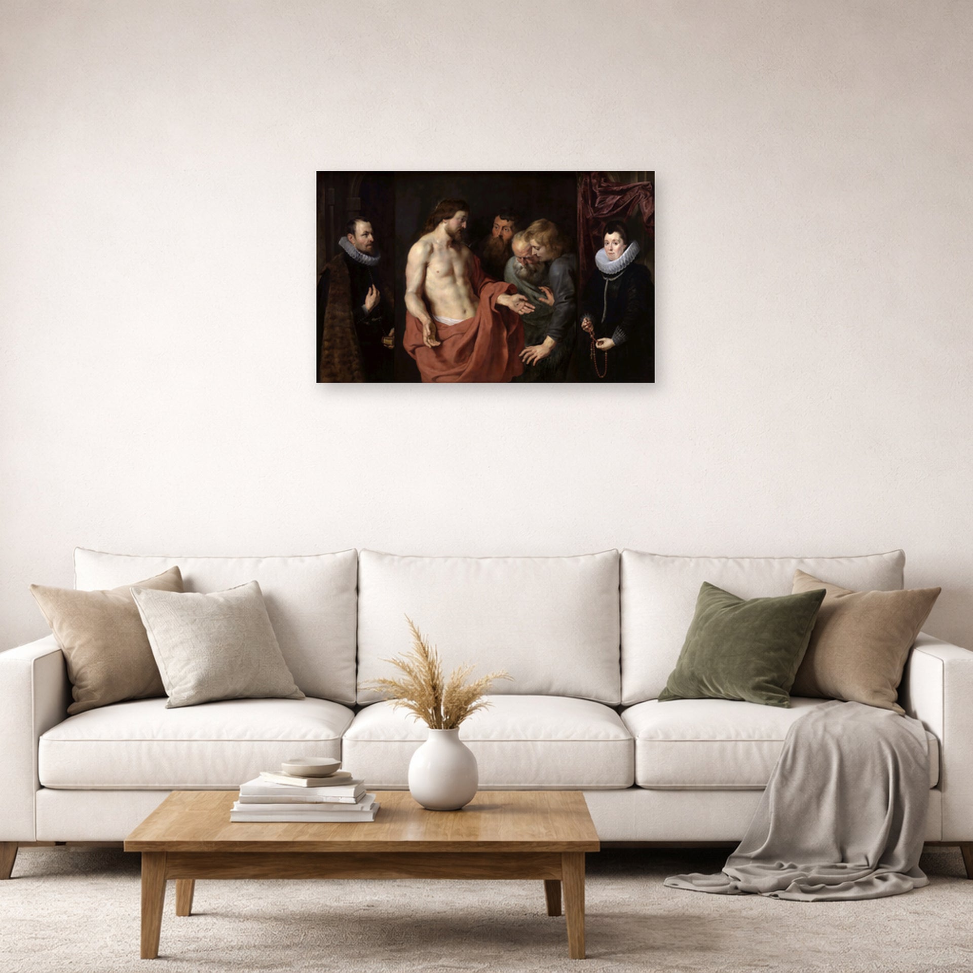 Unframed poster print of Jacques-Louis David's 'The Incredulity of Saint Thomas' displayed on a wall in a living room