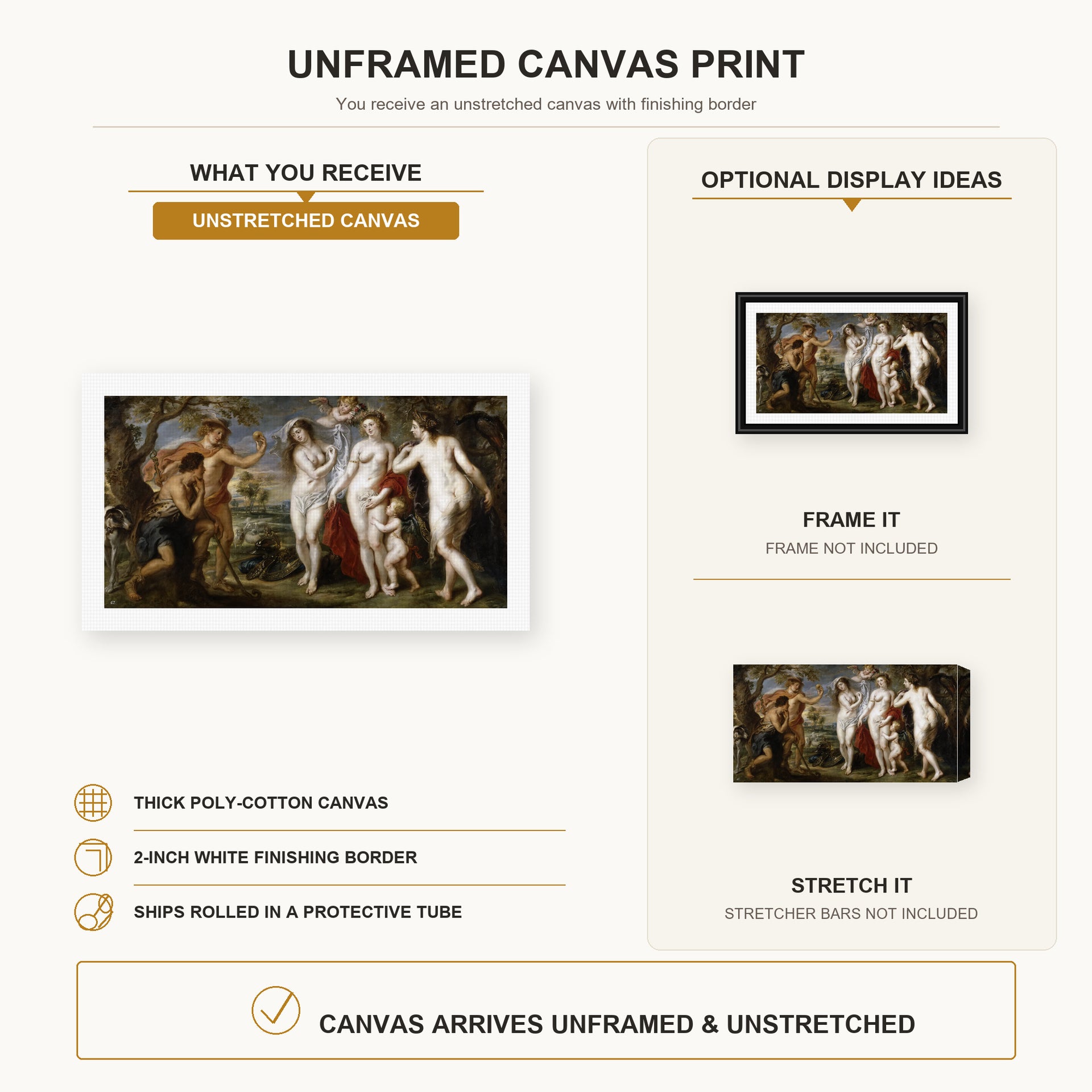 Jacques-Louis David - The Judgment of Paris (1639) canvas print size comparison and framing display infographic