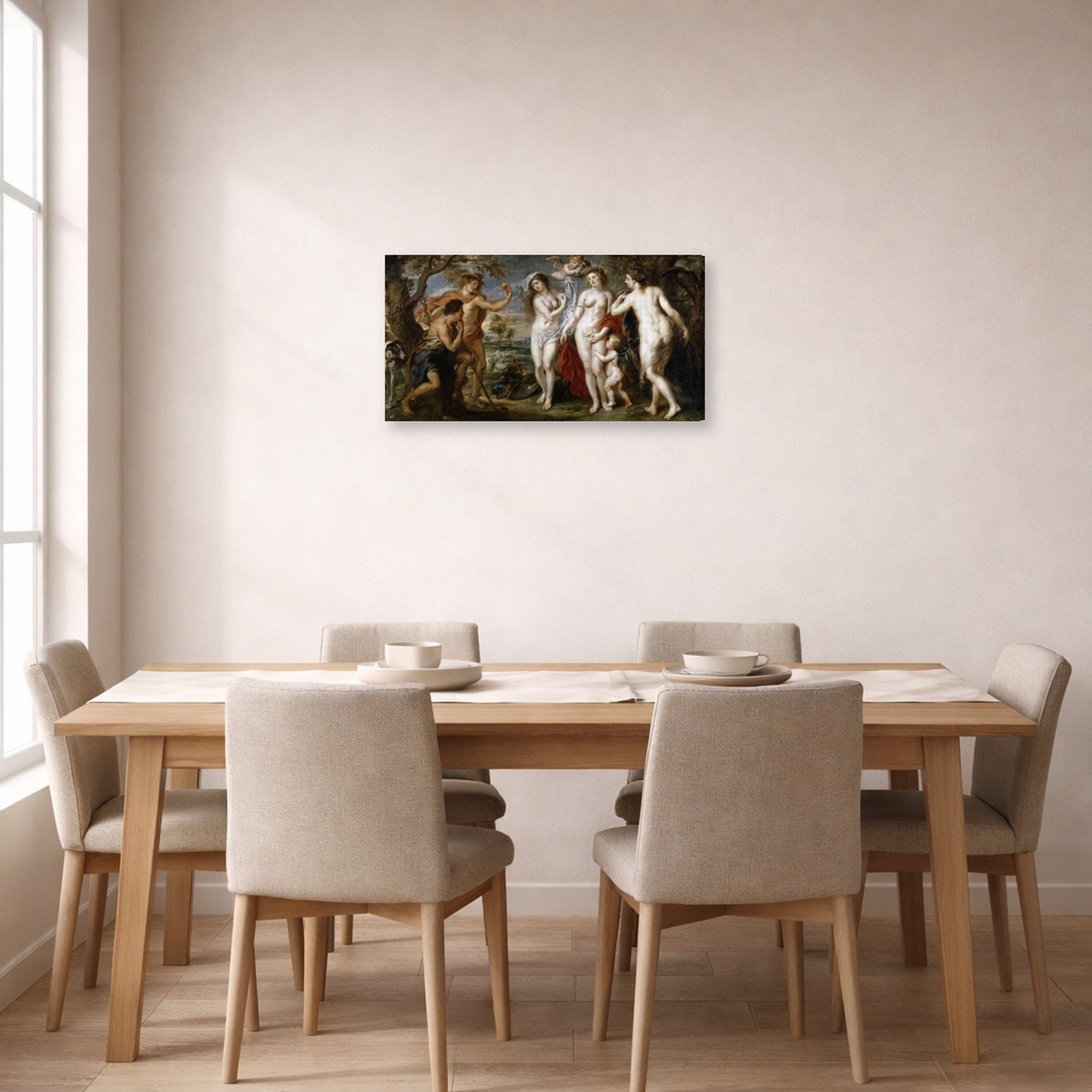 Gallery-wrapped canvas print of Jacques-Louis David's 'The Judgment of Paris (1639)' displayed on a wall in a dining room