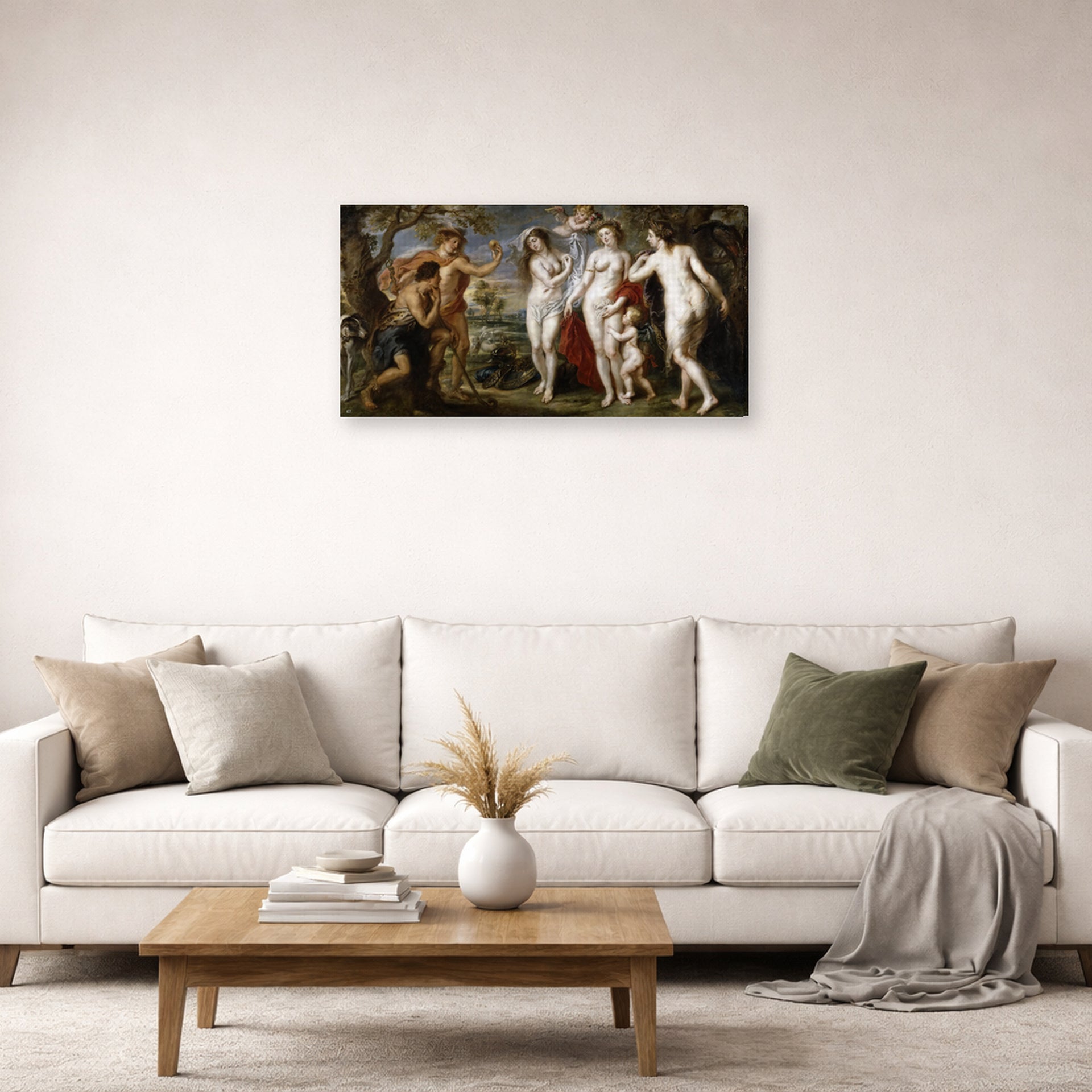 Gallery-wrapped canvas print of Jacques-Louis David's 'The Judgment of Paris (1639)' displayed on a wall in a living room