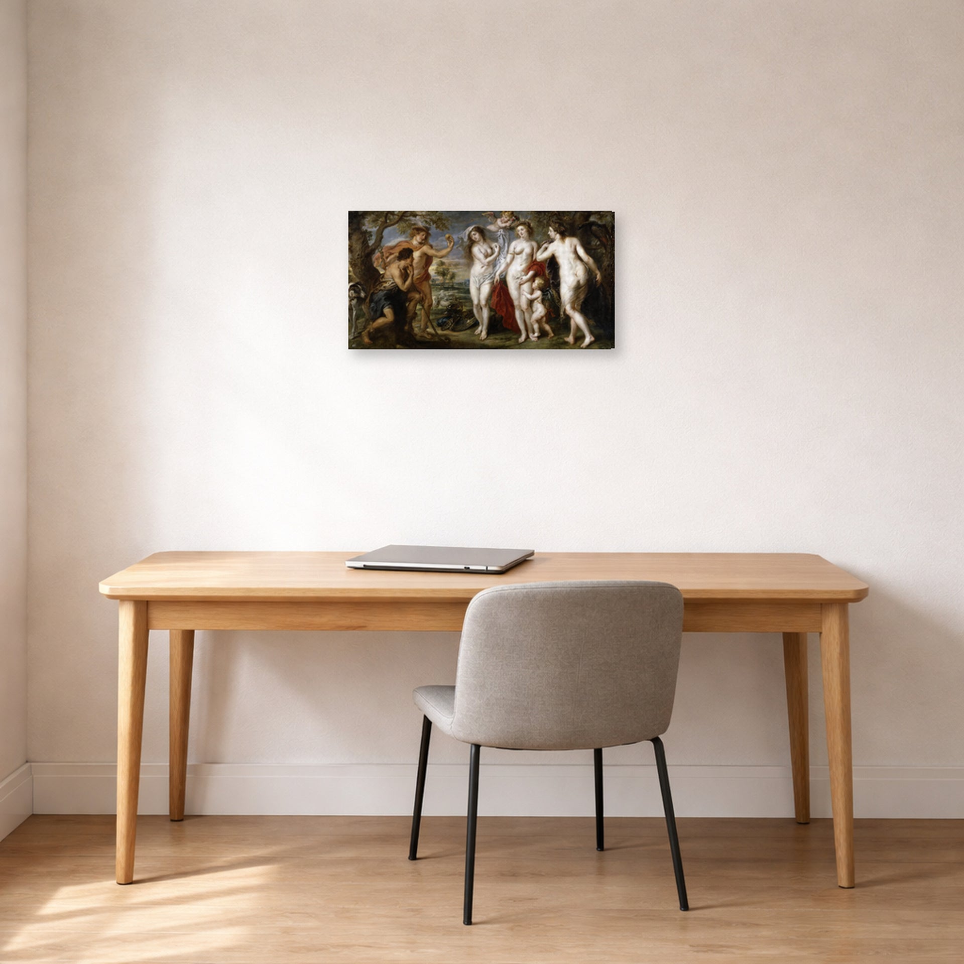 Gallery-wrapped canvas print of Jacques-Louis David's 'The Judgment of Paris (1639)' displayed on a wall in an office