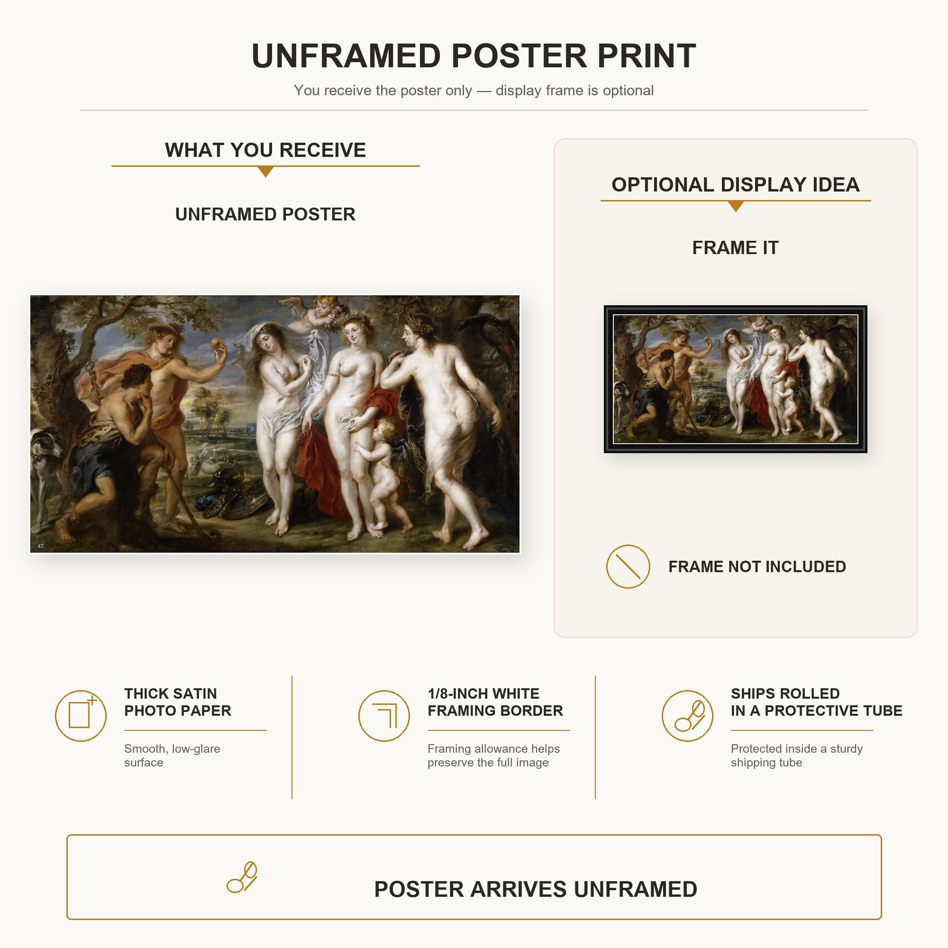 Jacques-Louis David - The Judgment of Paris (1639) poster print size comparison and framing display infographic