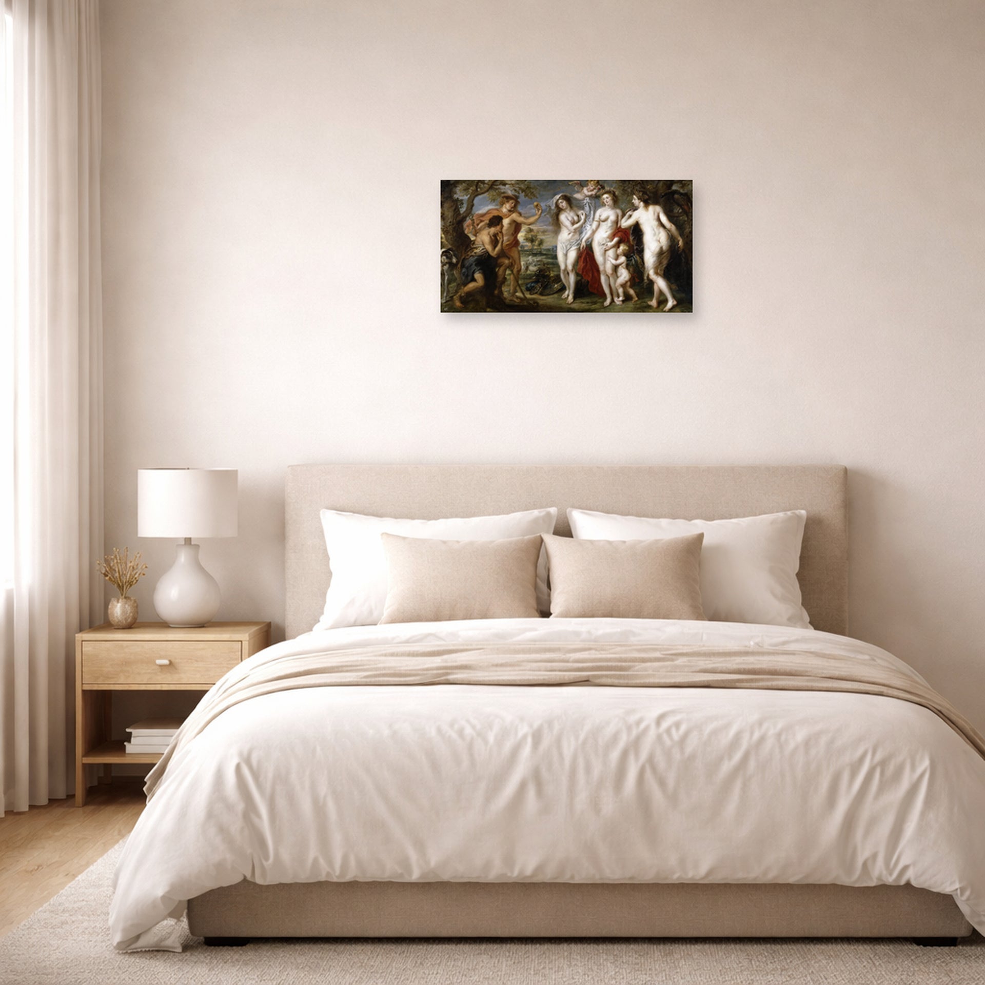 Unframed poster print of Jacques-Louis David's 'The Judgment of Paris (1639)' displayed on a wall in a bedroom