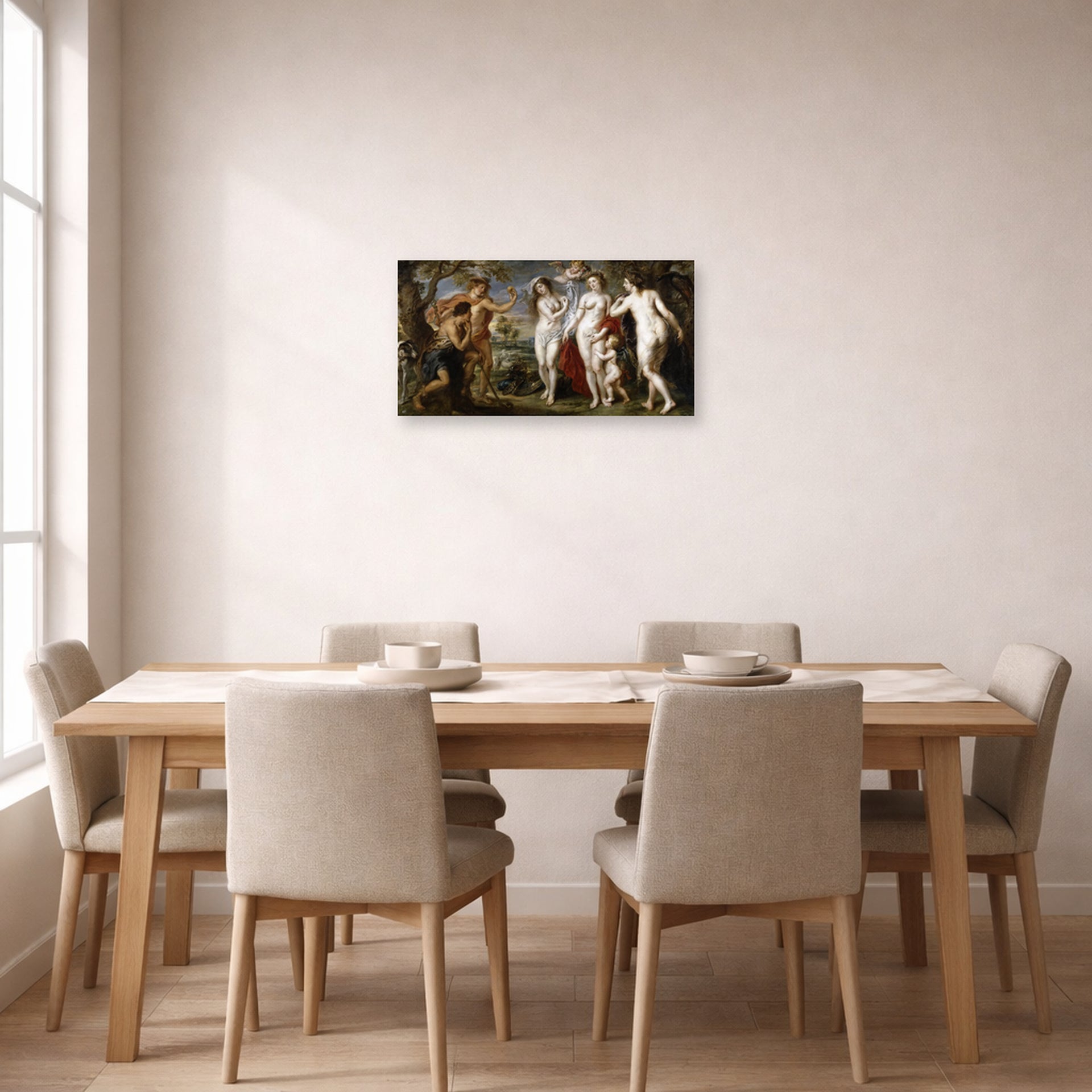 Unframed poster print of Jacques-Louis David's 'The Judgment of Paris (1639)' displayed on a wall in a dining room