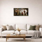 Unframed poster print of Jacques-Louis David's 'The Judgment of Paris (1639)' displayed on a wall in a living room