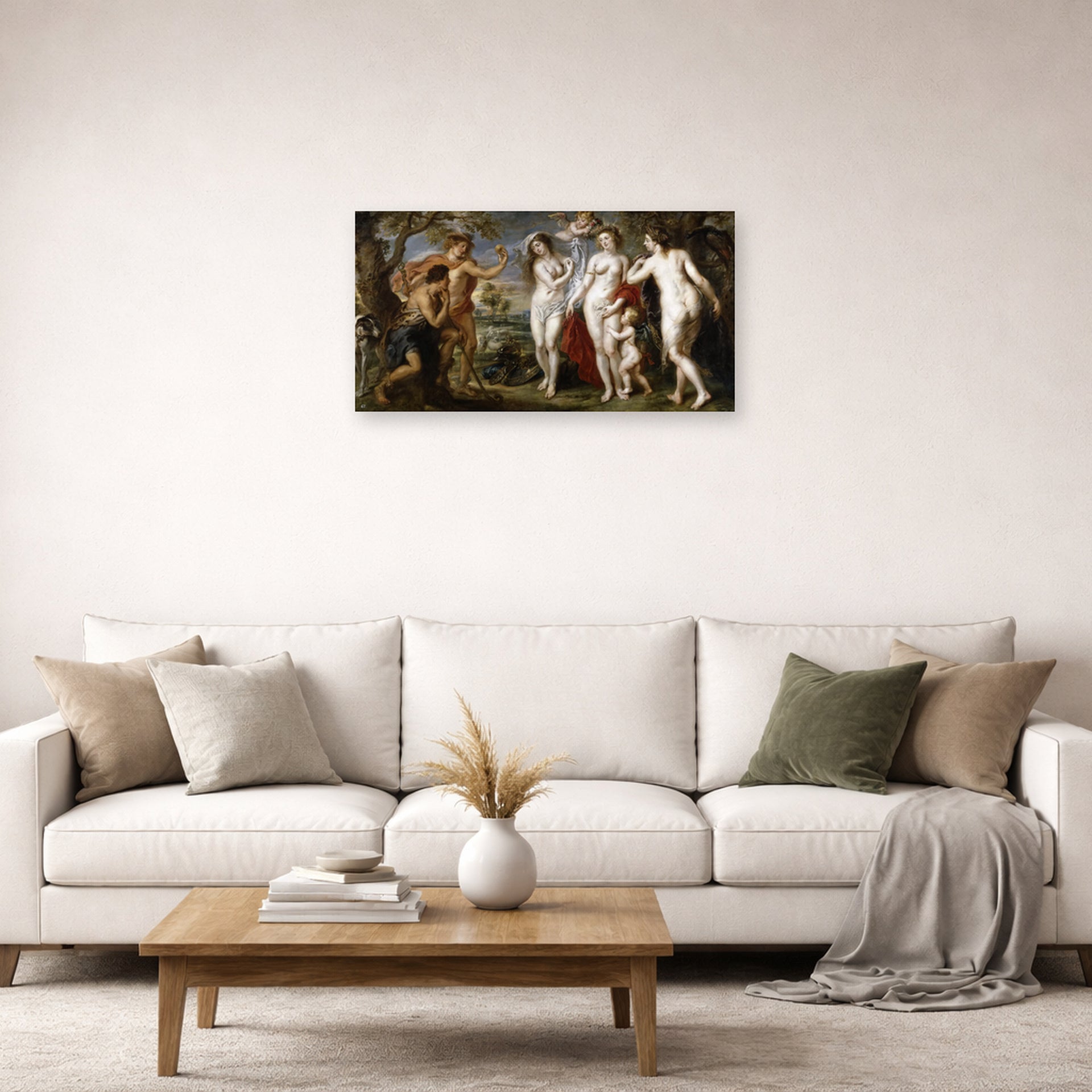 Unframed poster print of Jacques-Louis David's 'The Judgment of Paris (1639)' displayed on a wall in a living room