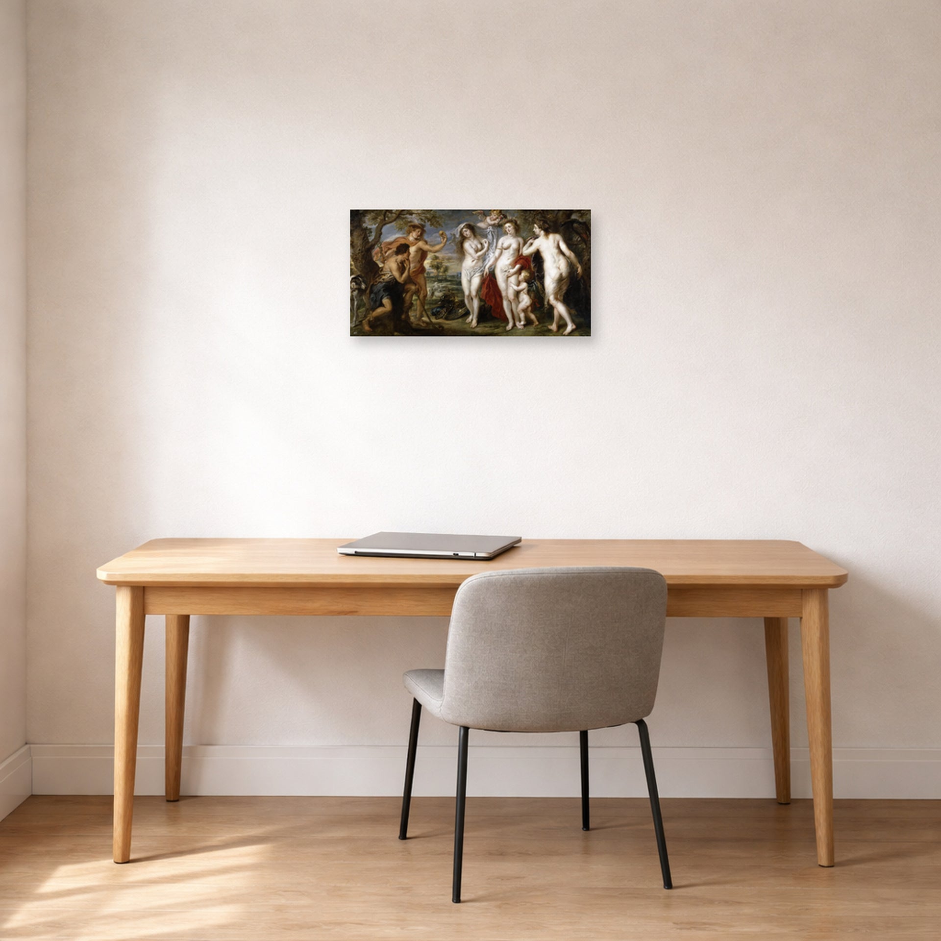 Unframed poster print of Jacques-Louis David's 'The Judgment of Paris (1639)' displayed on a wall in an office