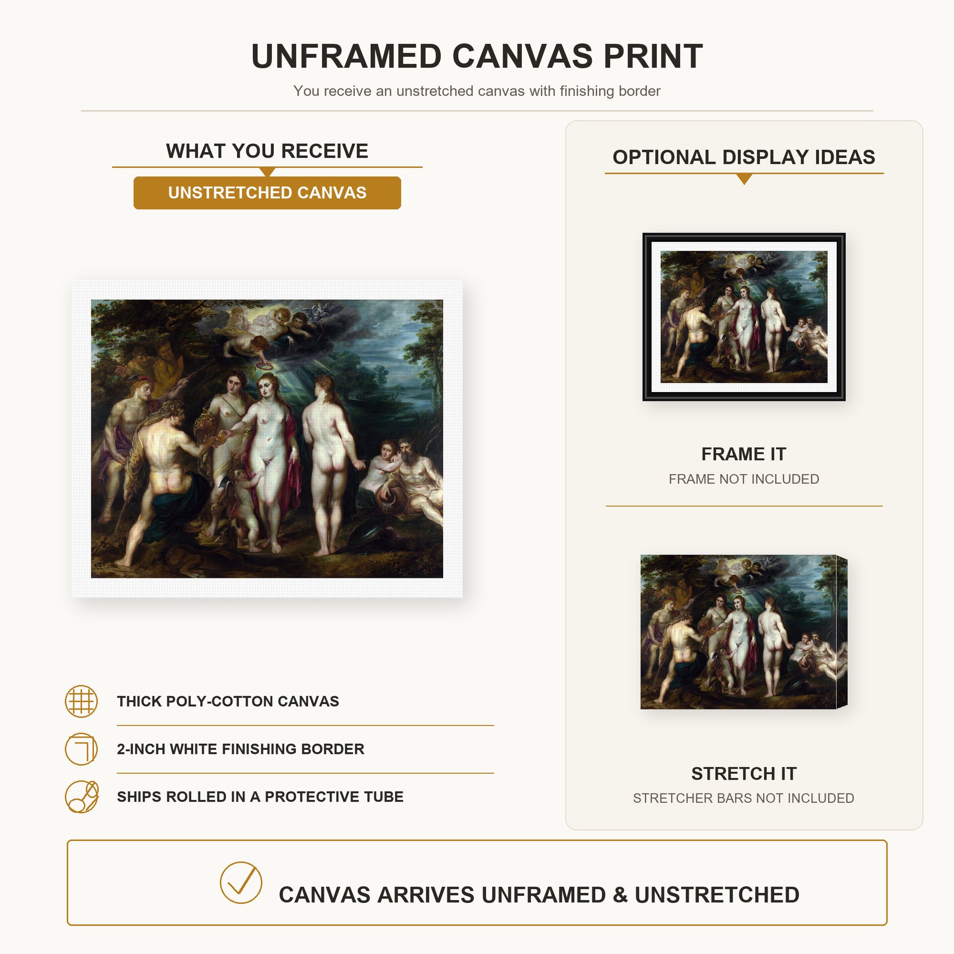 Jacques-Louis David - The Judgment of Paris canvas print size comparison and framing display infographic