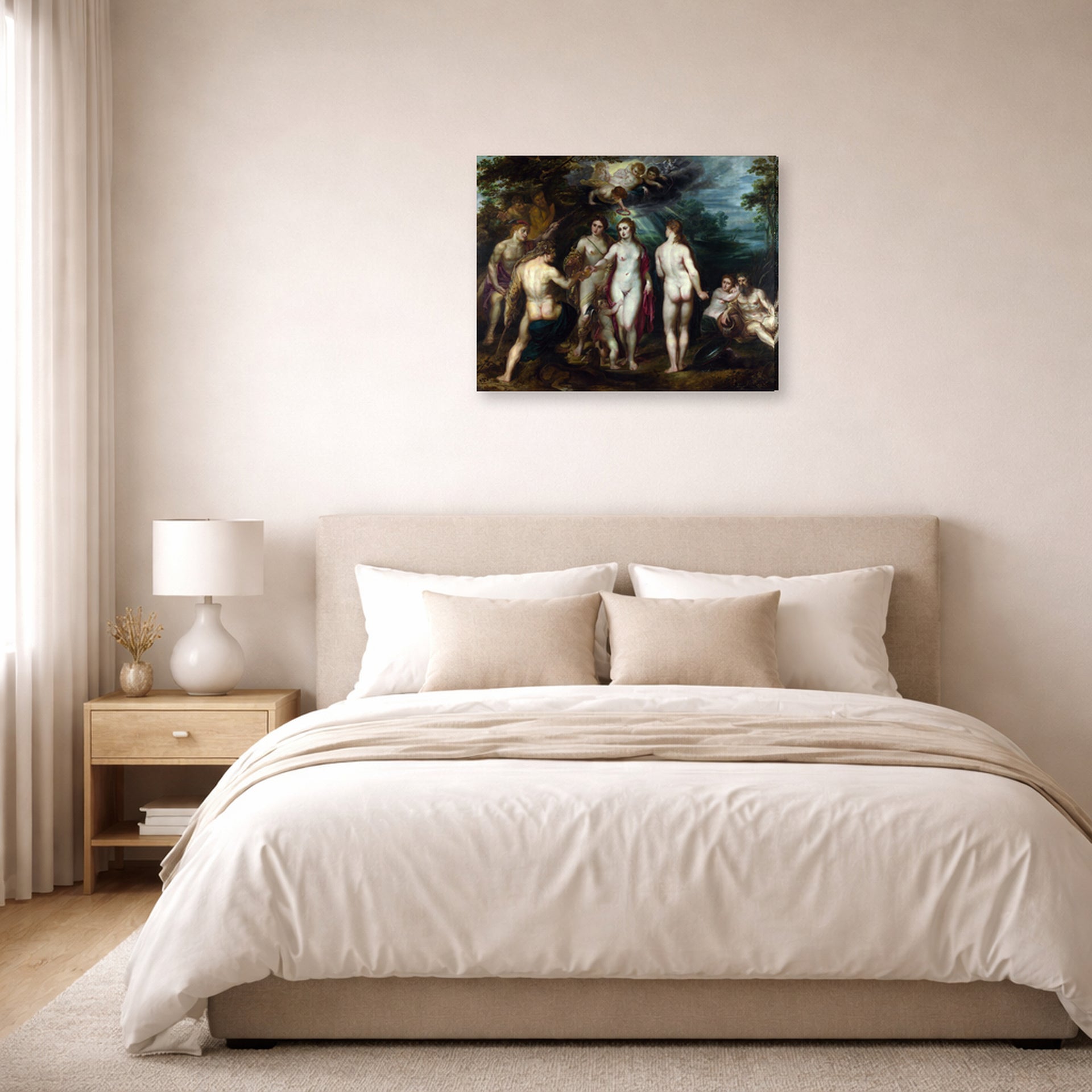 Gallery-wrapped canvas print of Jacques-Louis David's 'The Judgment of Paris' displayed on a wall in a bedroom