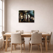 Gallery-wrapped canvas print of Jacques-Louis David's 'The Judgment of Paris' displayed on a wall in a dining room