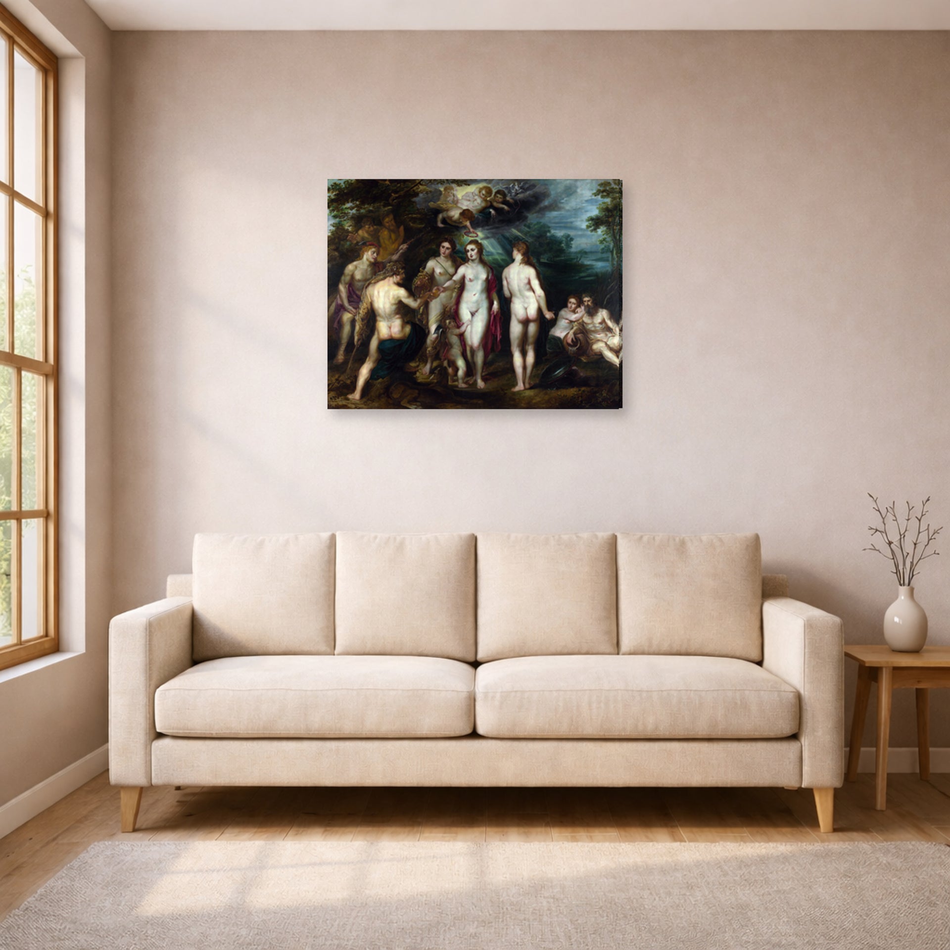 Gallery-wrapped canvas print of Jacques-Louis David's 'The Judgment of Paris' displayed on a wall in a living room