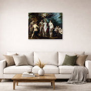 Gallery-wrapped canvas print of Jacques-Louis David's 'The Judgment of Paris' displayed on a wall in a living room