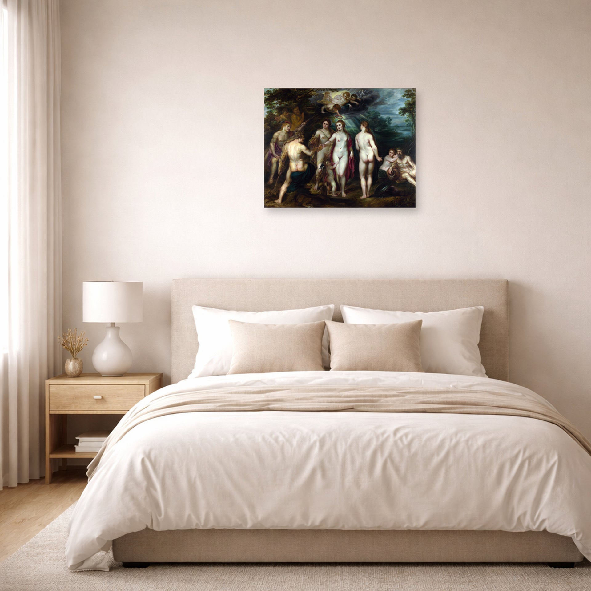 Unframed poster print of Jacques-Louis David's 'The Judgment of Paris' displayed on a wall in a bedroom