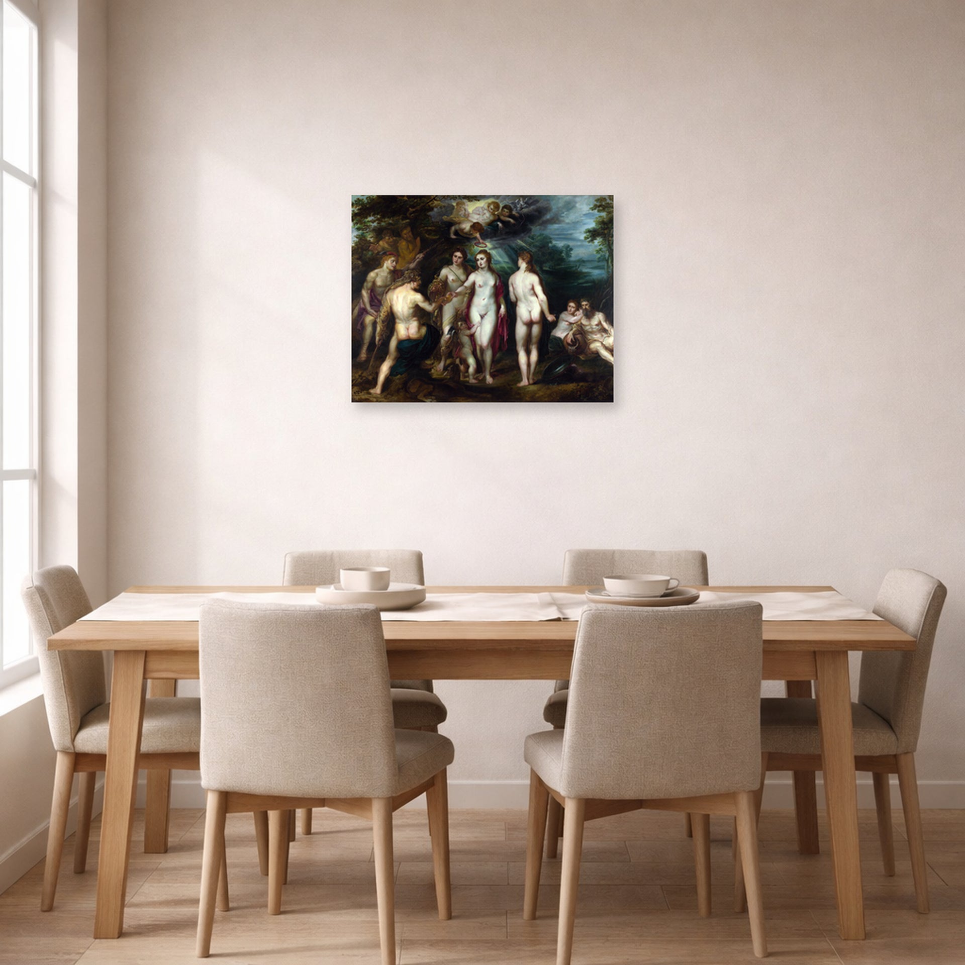 Unframed poster print of Jacques-Louis David's 'The Judgment of Paris' displayed on a wall in a dining room