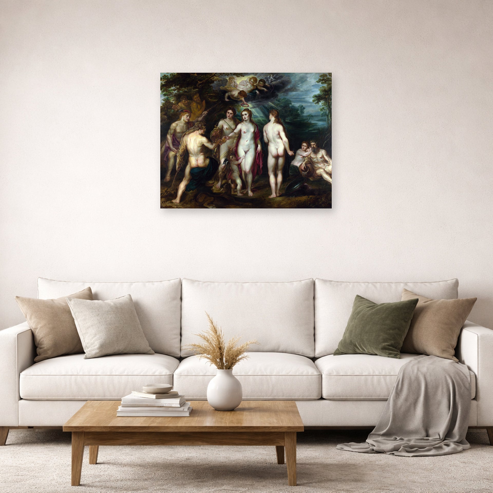 Unframed poster print of Jacques-Louis David's 'The Judgment of Paris' displayed on a wall in a living room