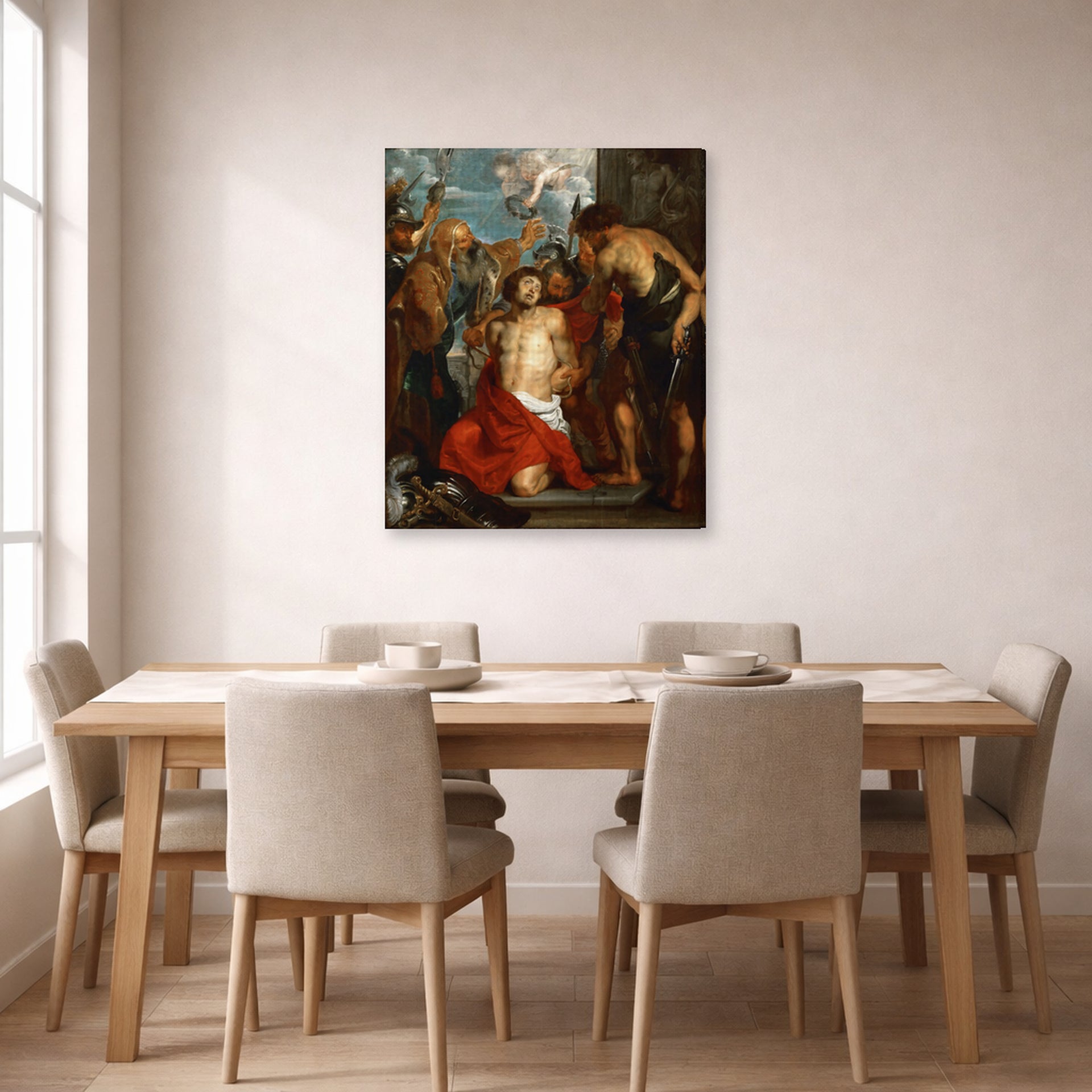 Gallery-wrapped canvas print of Jacques-Louis David's 'The Martyrdom of Saint George' displayed on a wall in a dining room