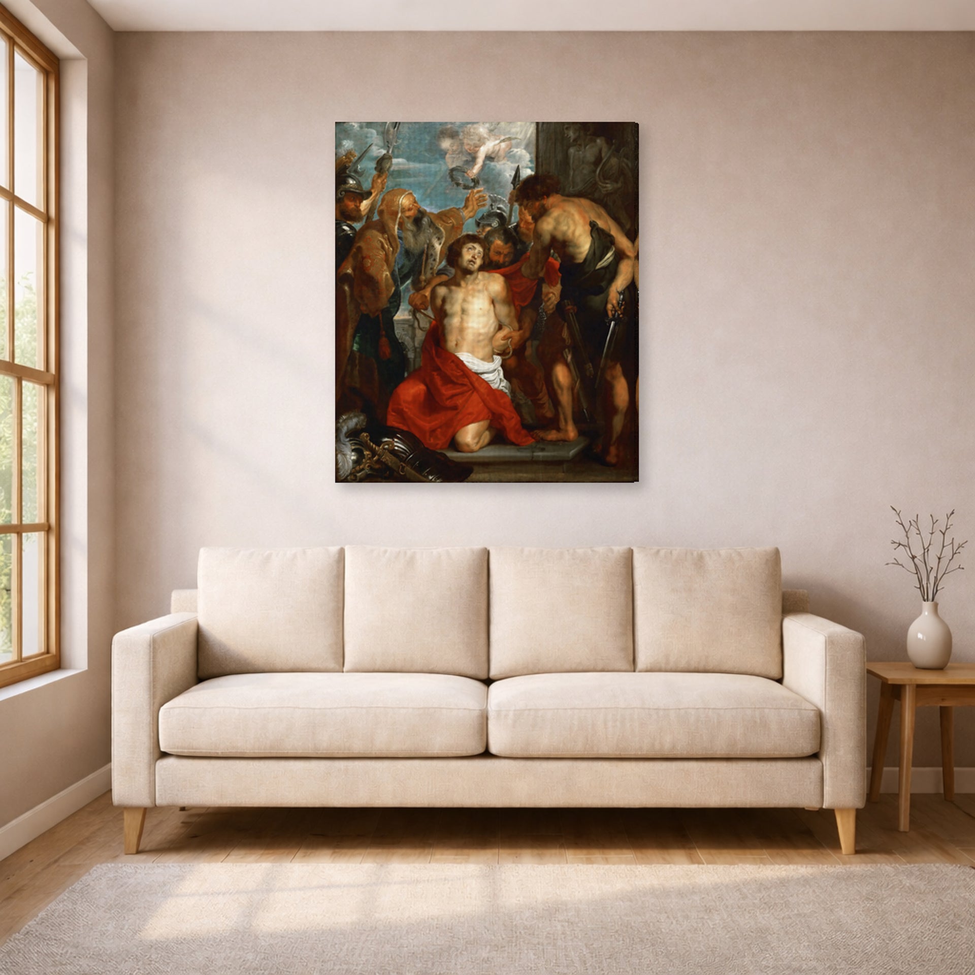 Gallery-wrapped canvas print of Jacques-Louis David's 'The Martyrdom of Saint George' displayed on a wall in a living room