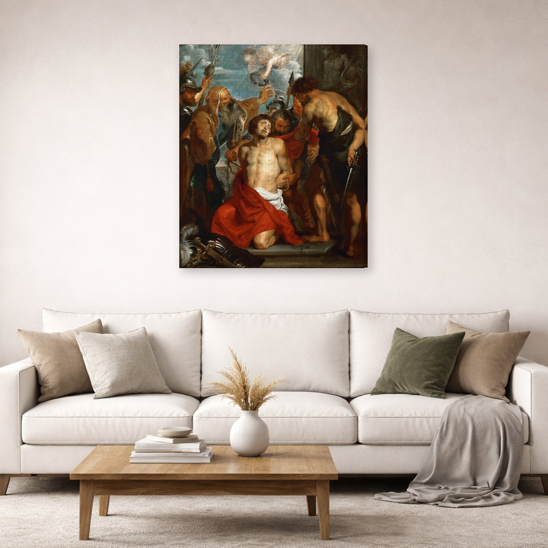 Gallery-wrapped canvas print of Jacques-Louis David's 'The Martyrdom of Saint George' displayed on a wall in a living room