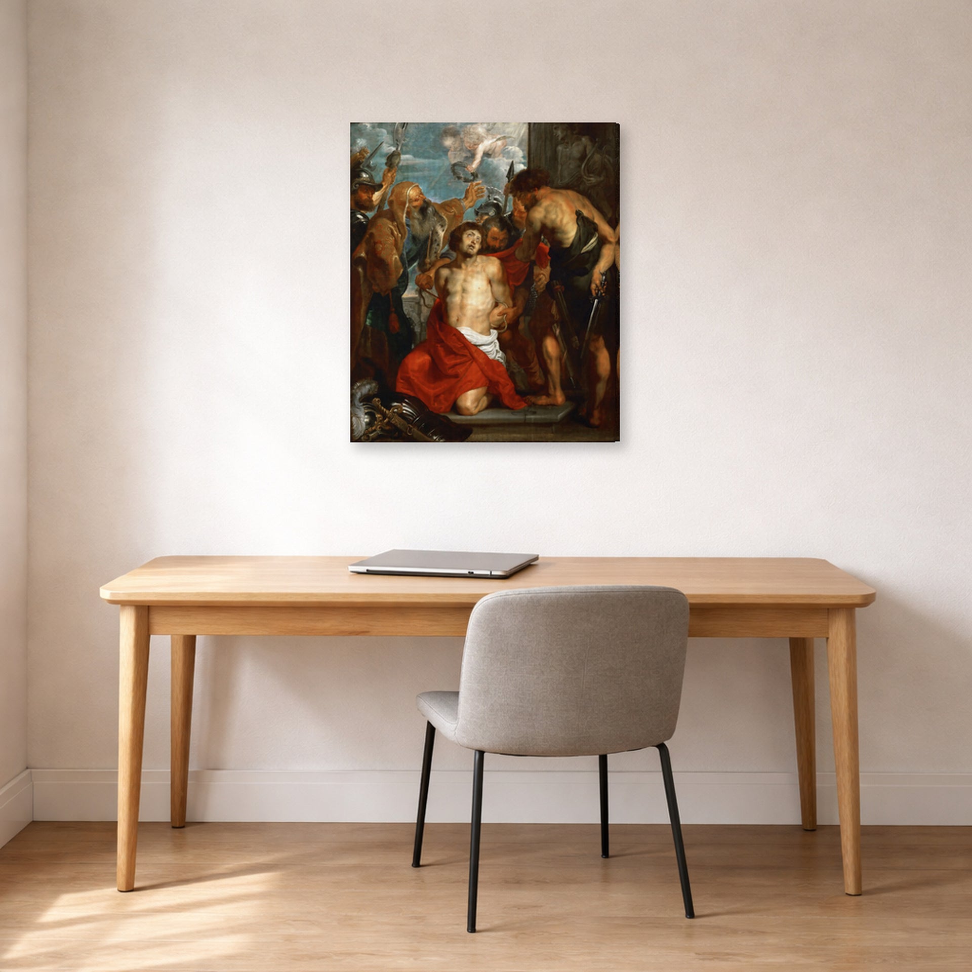 Gallery-wrapped canvas print of Jacques-Louis David's 'The Martyrdom of Saint George' displayed on a wall in an office