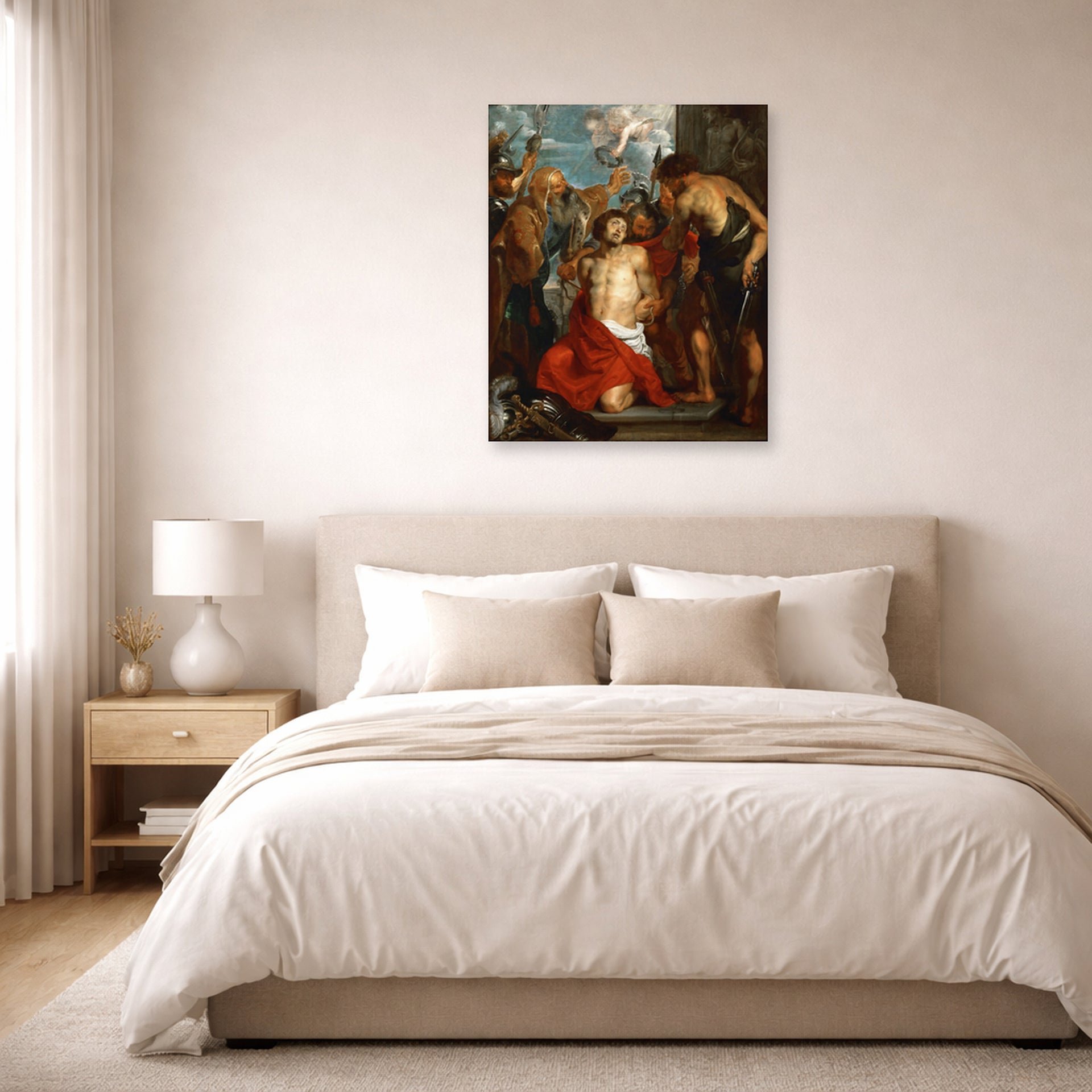 Unframed poster print of Jacques-Louis David's 'The Martyrdom of Saint George' displayed on a wall in a bedroom