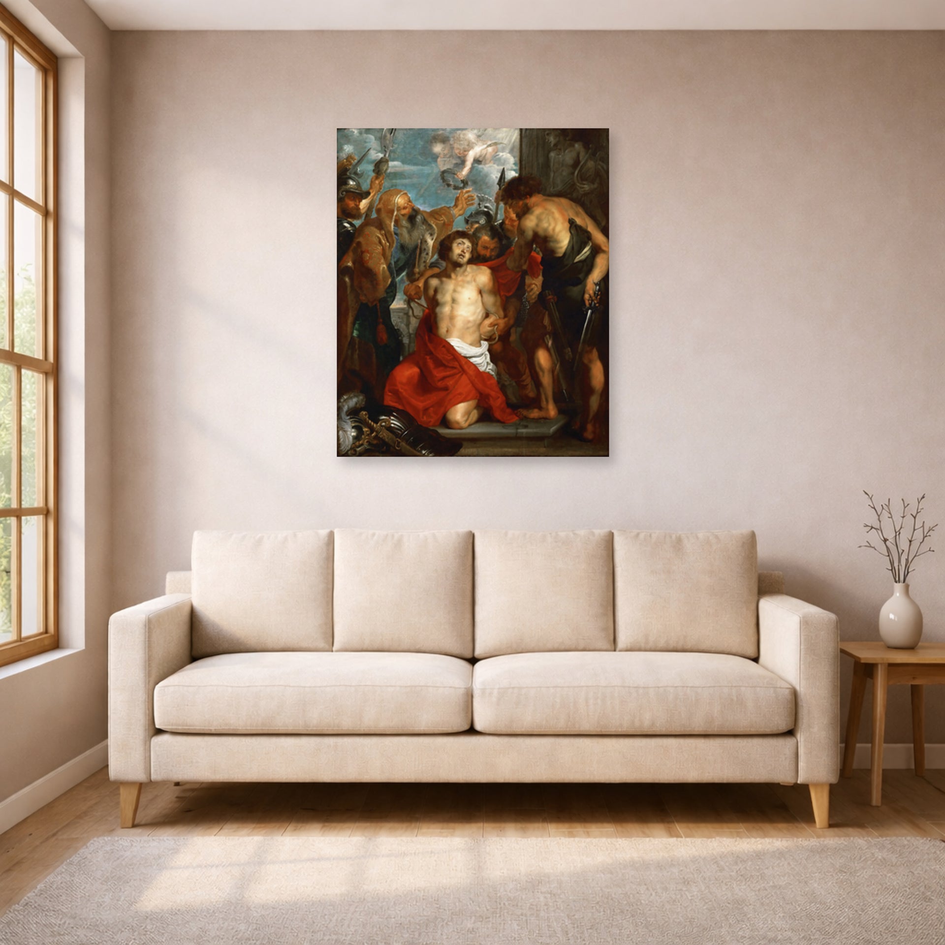 Unframed poster print of Jacques-Louis David's 'The Martyrdom of Saint George' displayed on a wall in a living room