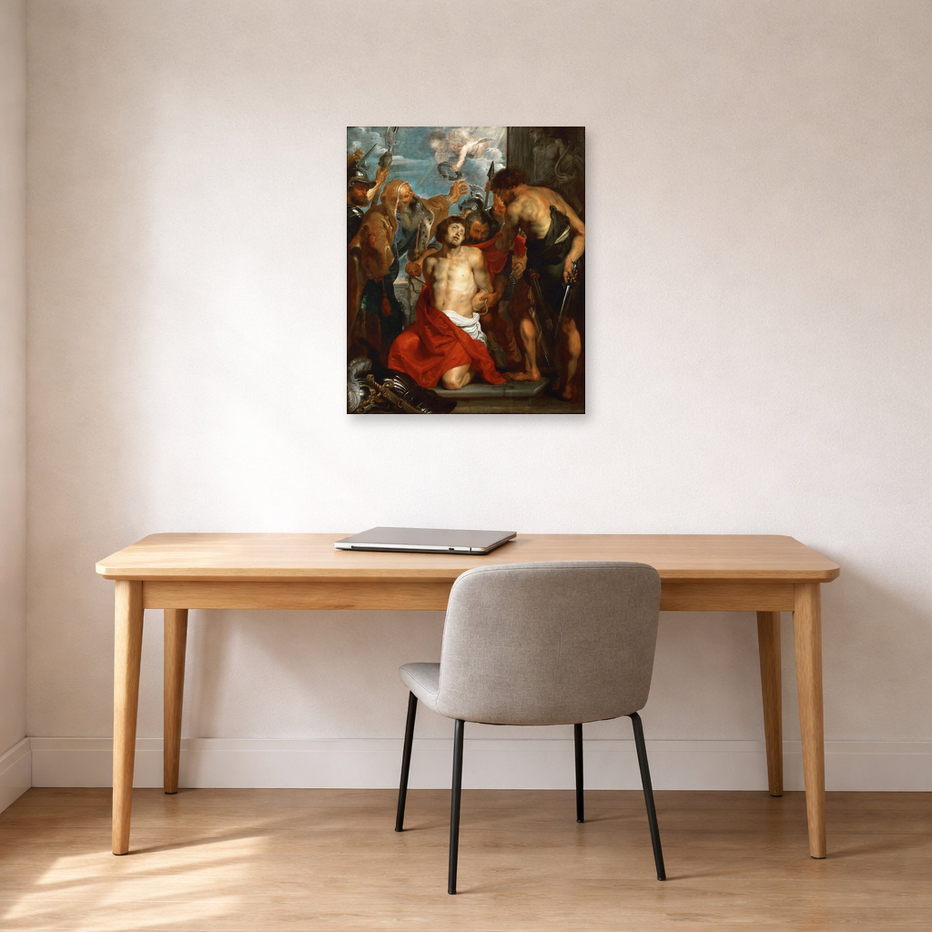 Unframed poster print of Jacques-Louis David's 'The Martyrdom of Saint George' displayed on a wall in an office
