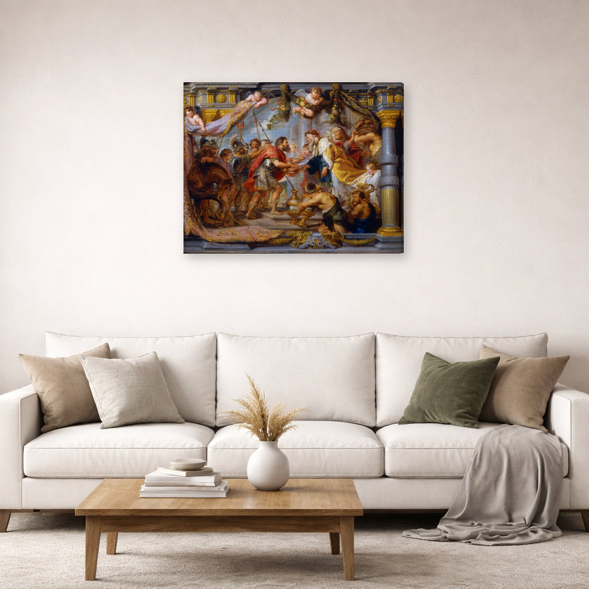 Gallery-wrapped canvas print of Jacques-Louis David's 'The Meeting of Abraham and Melchizedek' displayed on a wall in a living room