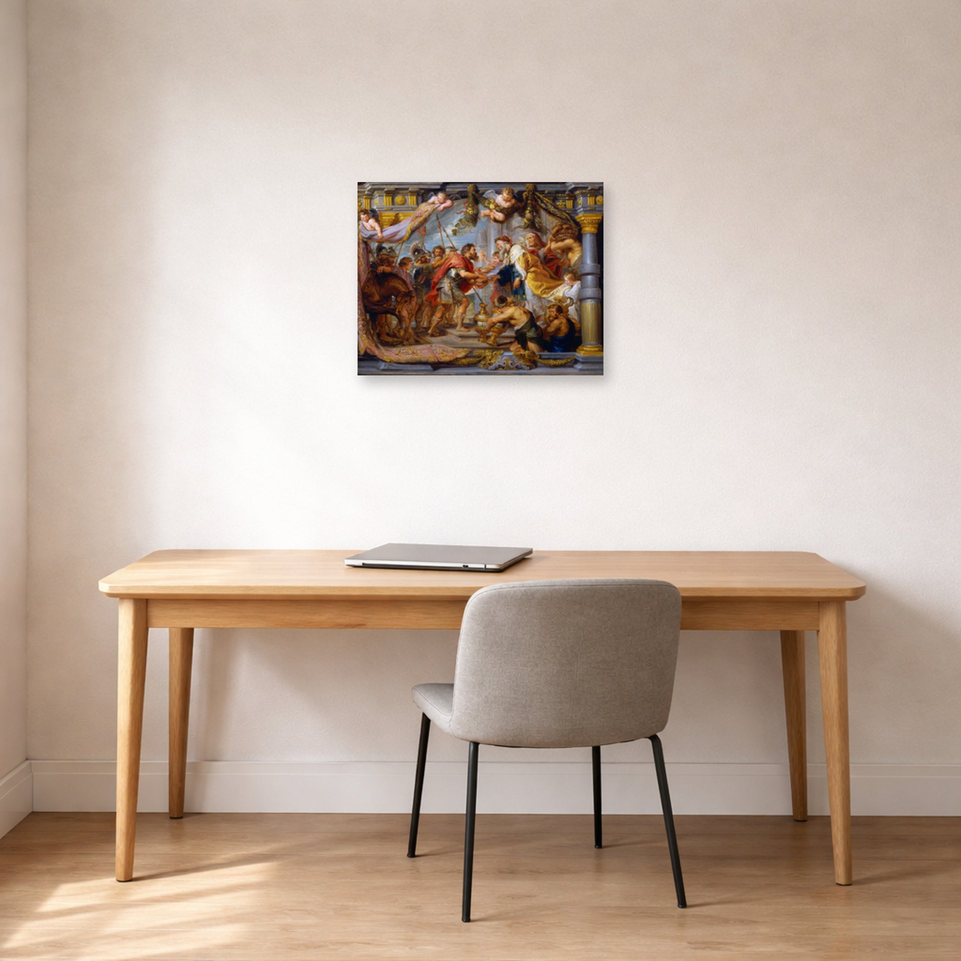 Unframed poster print of Jacques-Louis David's 'The Meeting of Abraham and Melchizedek' displayed on a wall in an office