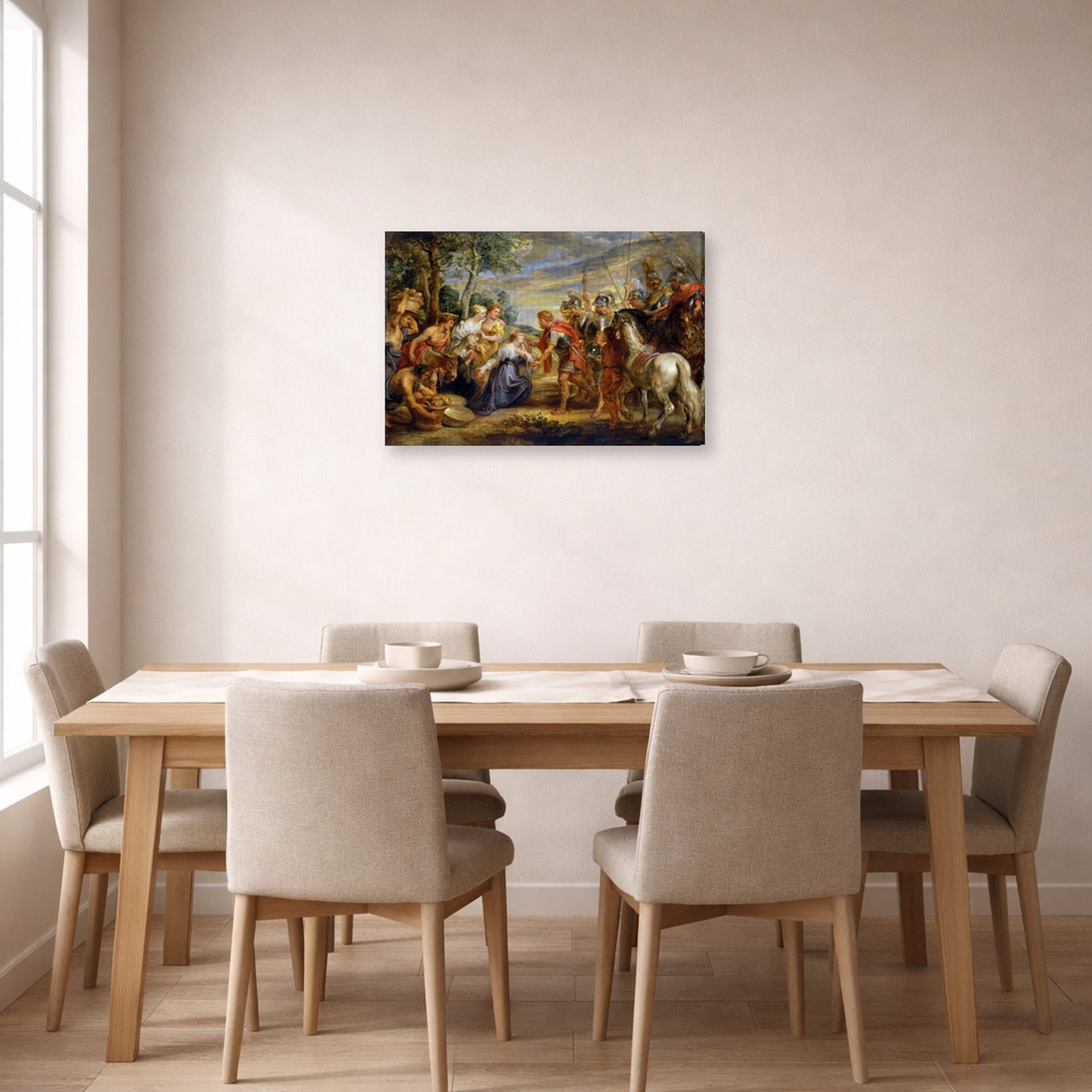 Gallery-wrapped canvas print of Jacques-Louis David's 'The Meeting of David and Abigail' displayed on a wall in a dining room