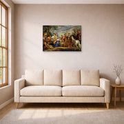 Gallery-wrapped canvas print of Jacques-Louis David's 'The Meeting of David and Abigail' displayed on a wall in a living room