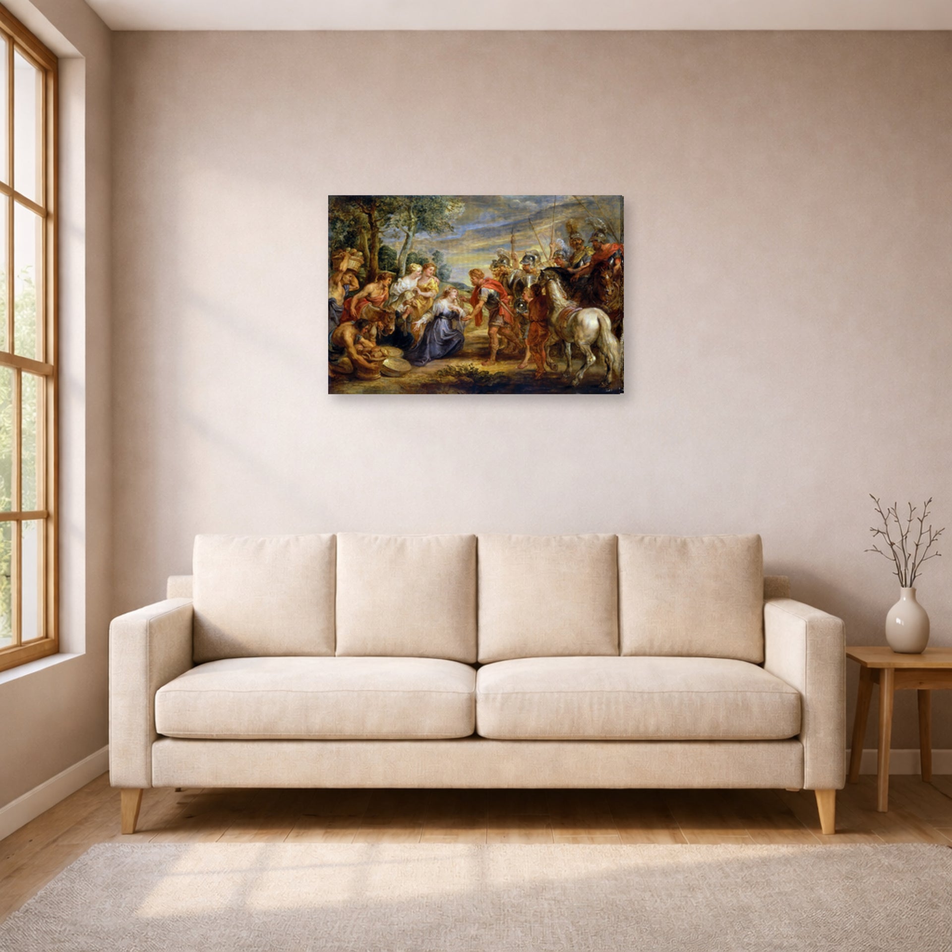 Gallery-wrapped canvas print of Jacques-Louis David's 'The Meeting of David and Abigail' displayed on a wall in a living room