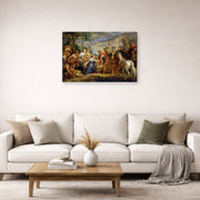 Gallery-wrapped canvas print of Jacques-Louis David's 'The Meeting of David and Abigail' displayed on a wall in a living room