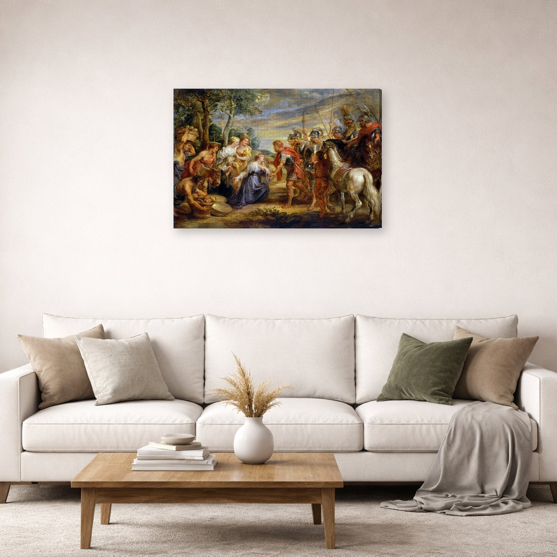 Gallery-wrapped canvas print of Jacques-Louis David's 'The Meeting of David and Abigail' displayed on a wall in a living room