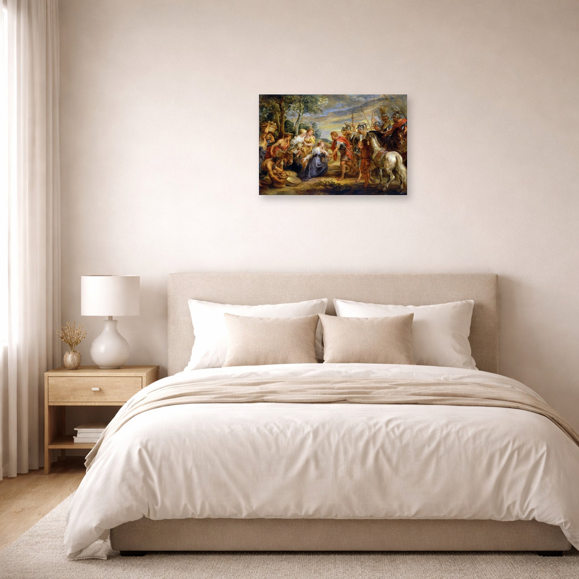 Unframed poster print of Jacques-Louis David's 'The Meeting of David and Abigail' displayed on a wall in a bedroom
